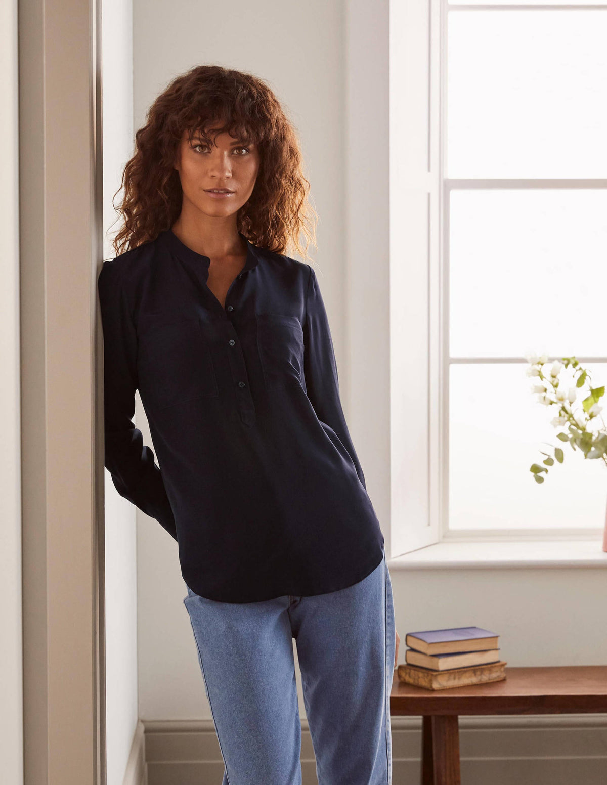 Silk Collarless Blouse-Navy - Image 4