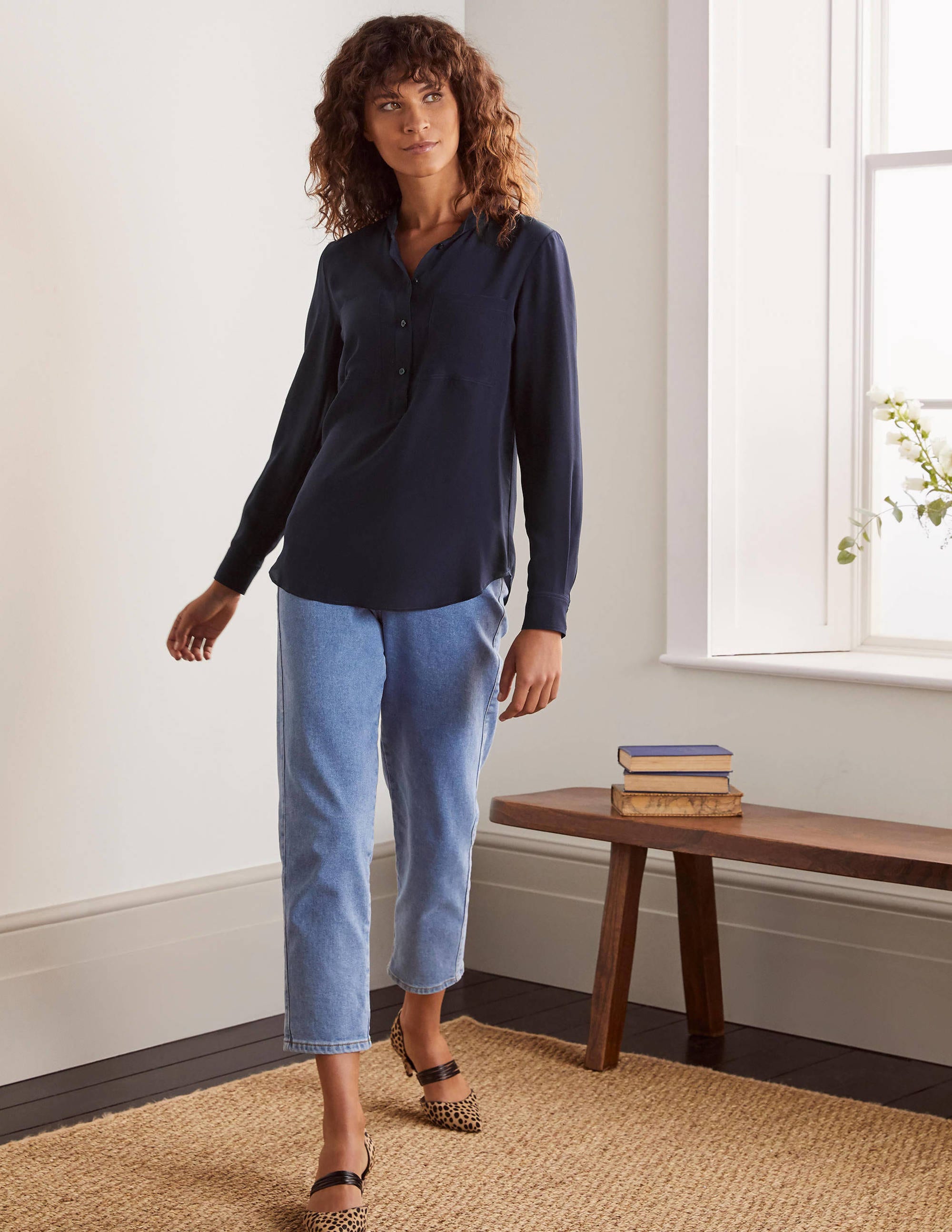 Silk Collarless Blouse-Navy - Image 1