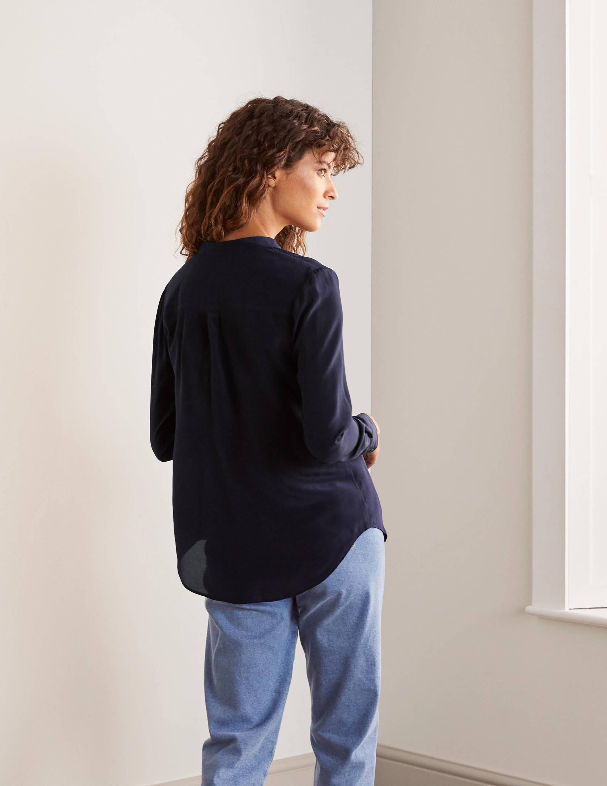 Silk Collarless Blouse-Navy - Image 2