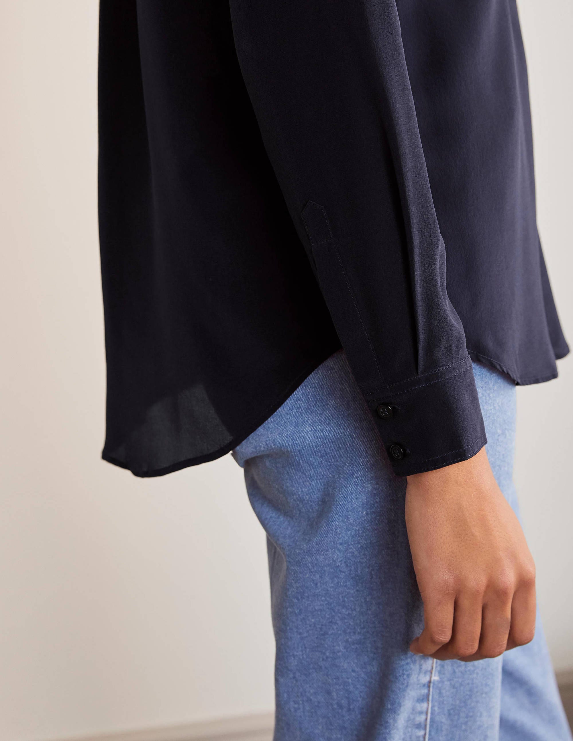 Silk Collarless Blouse-Navy - Image 3