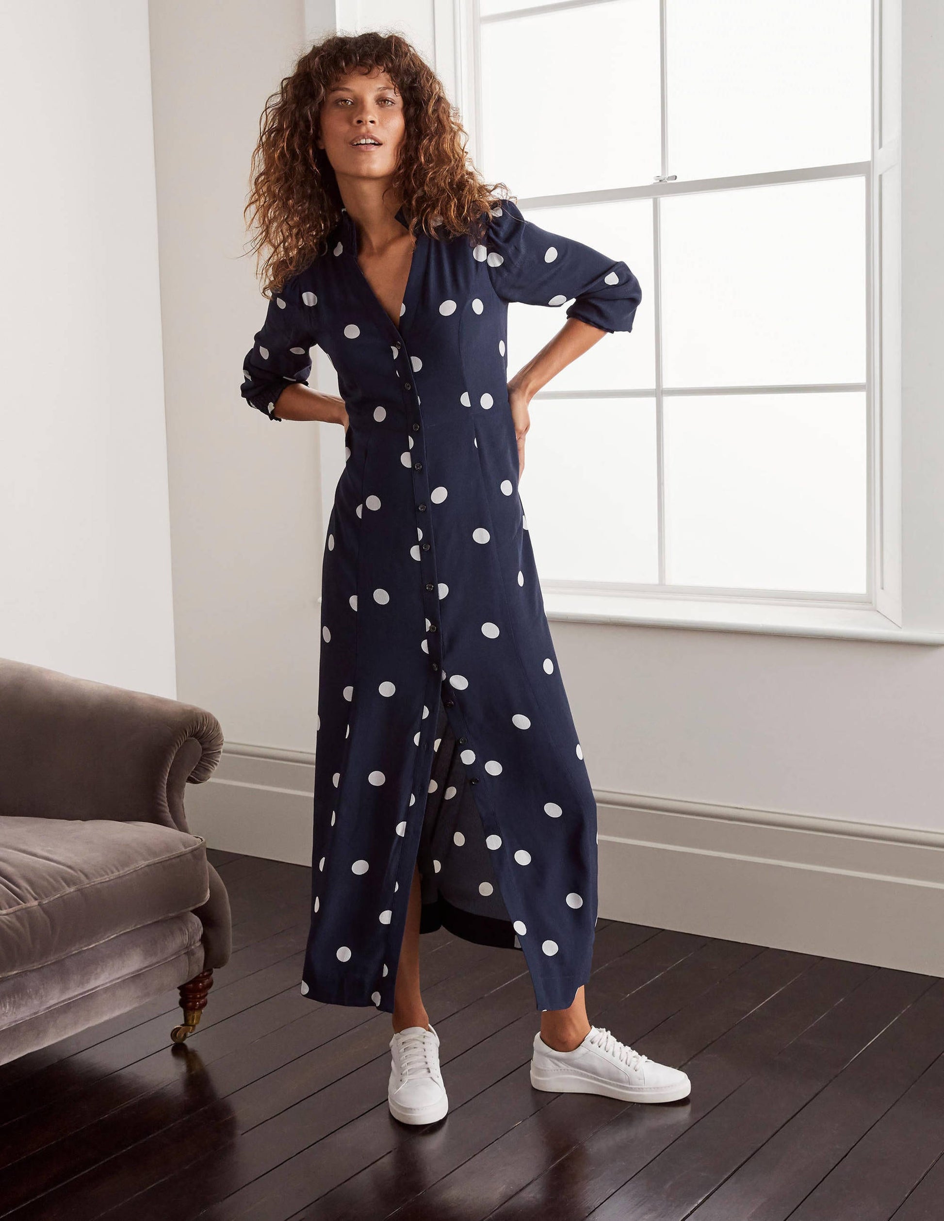 Rowan Midi Shirt Dress-French Navy, Regular Dot Large-4