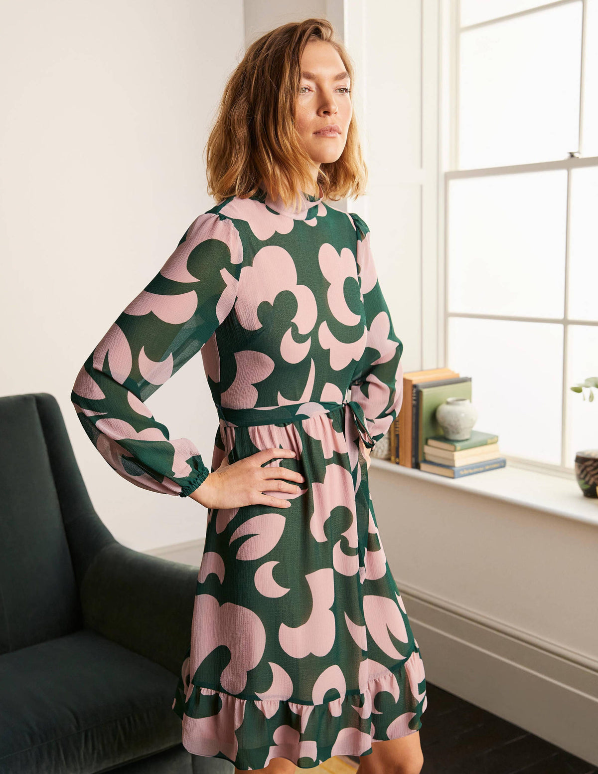Lottie Belted Dress-Palm Leaf, Dream Cloud - Image 4