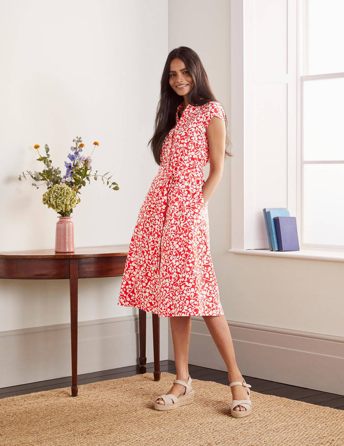 Short Sleeve Shirt Dress-Cherry red, Vine swirl-1