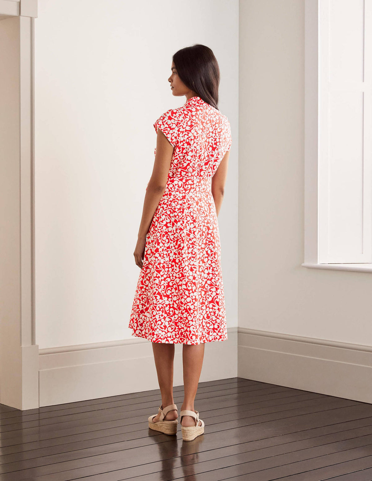 Short Sleeve Shirt Dress-Cherry red, Vine swirl-2