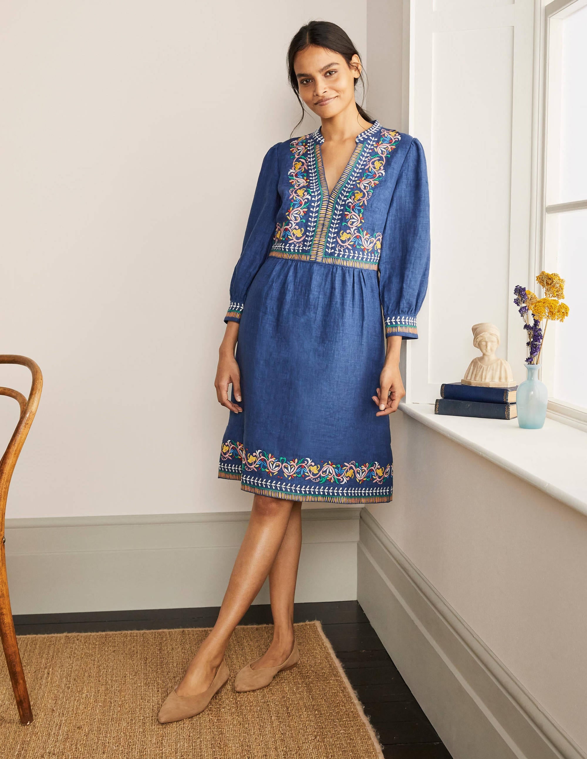 Dakota Embroidered Linen Dress-Mid Blue Delave - Image 5