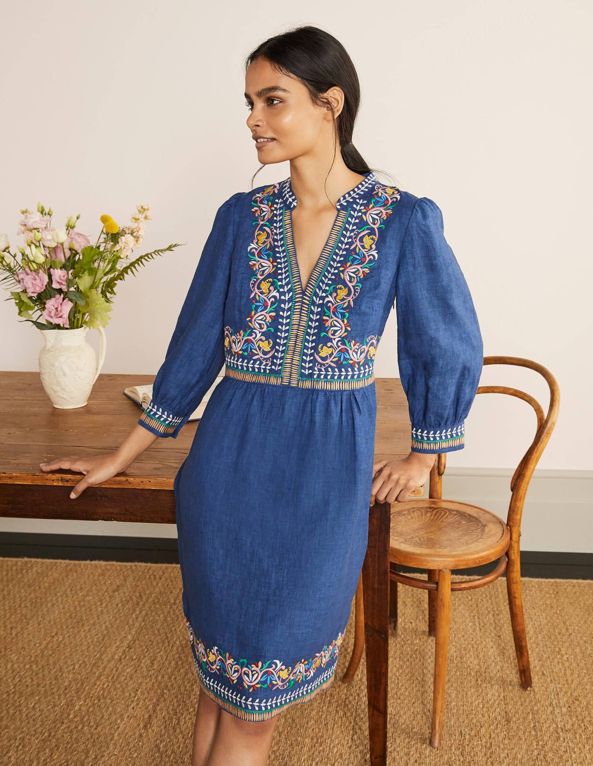 Dakota Embroidered Linen Dress-Mid Blue Delave - Image 1