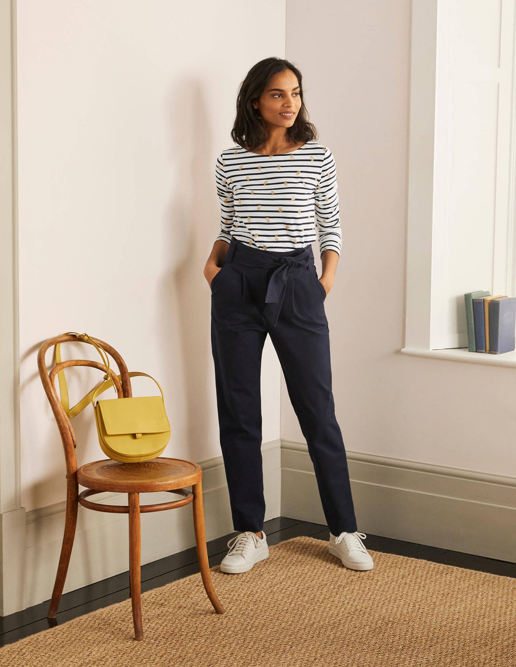 Long Sleeve Breton Top-Ivory/ Navy, Foil Lemons - Image 2