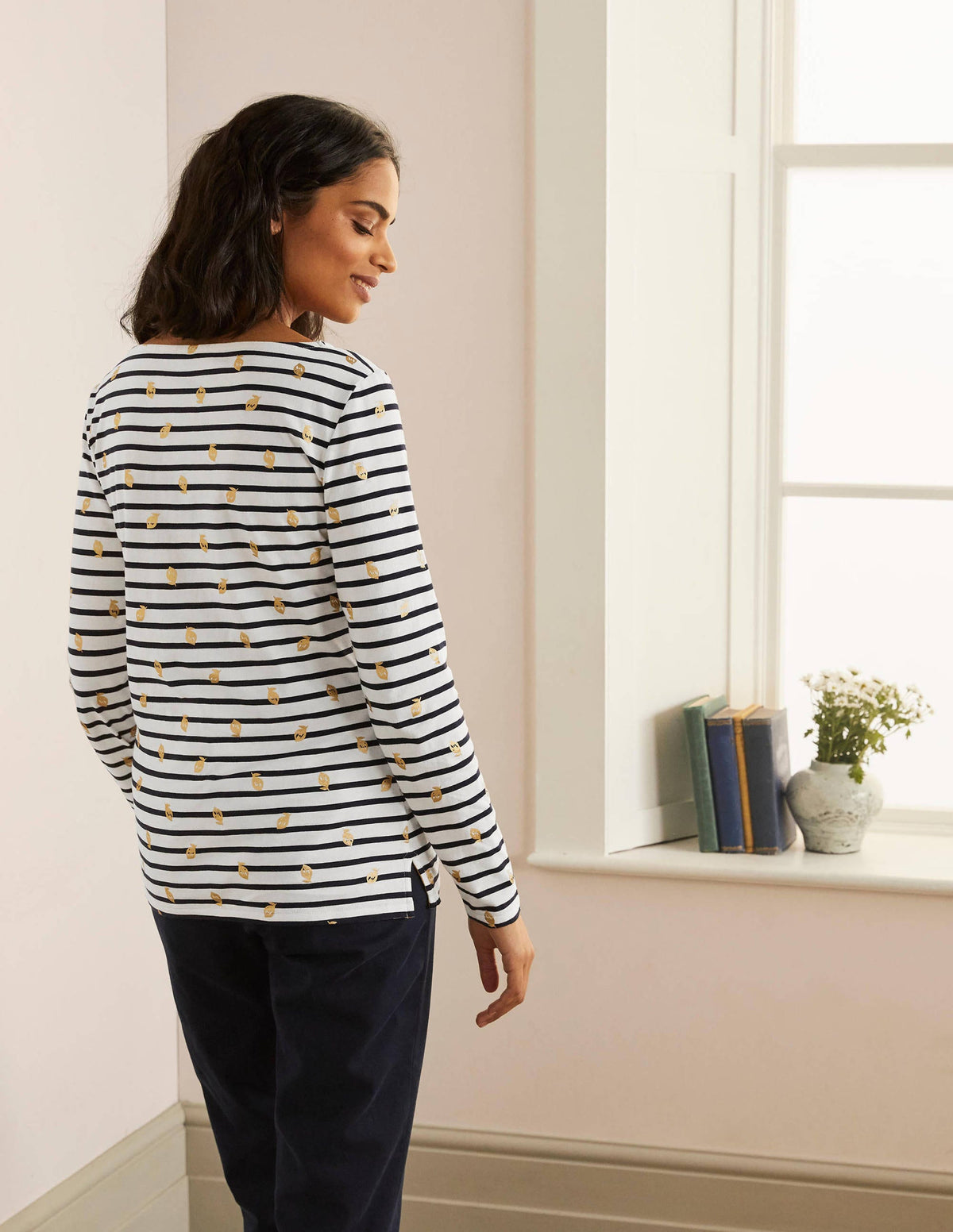 Long Sleeve Breton Top-Ivory/ Navy, Foil Lemons - Image 3