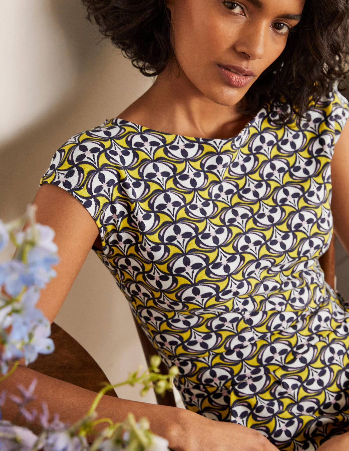 Florrie Jersey Dress-Chartreuse, Floral Fan - Image 4
