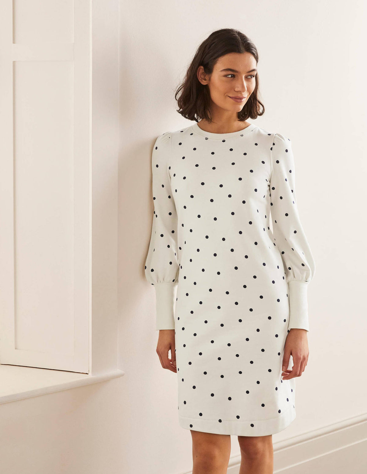 Romona Sweatshirt Dress-Ivory and Navy, Polka-1