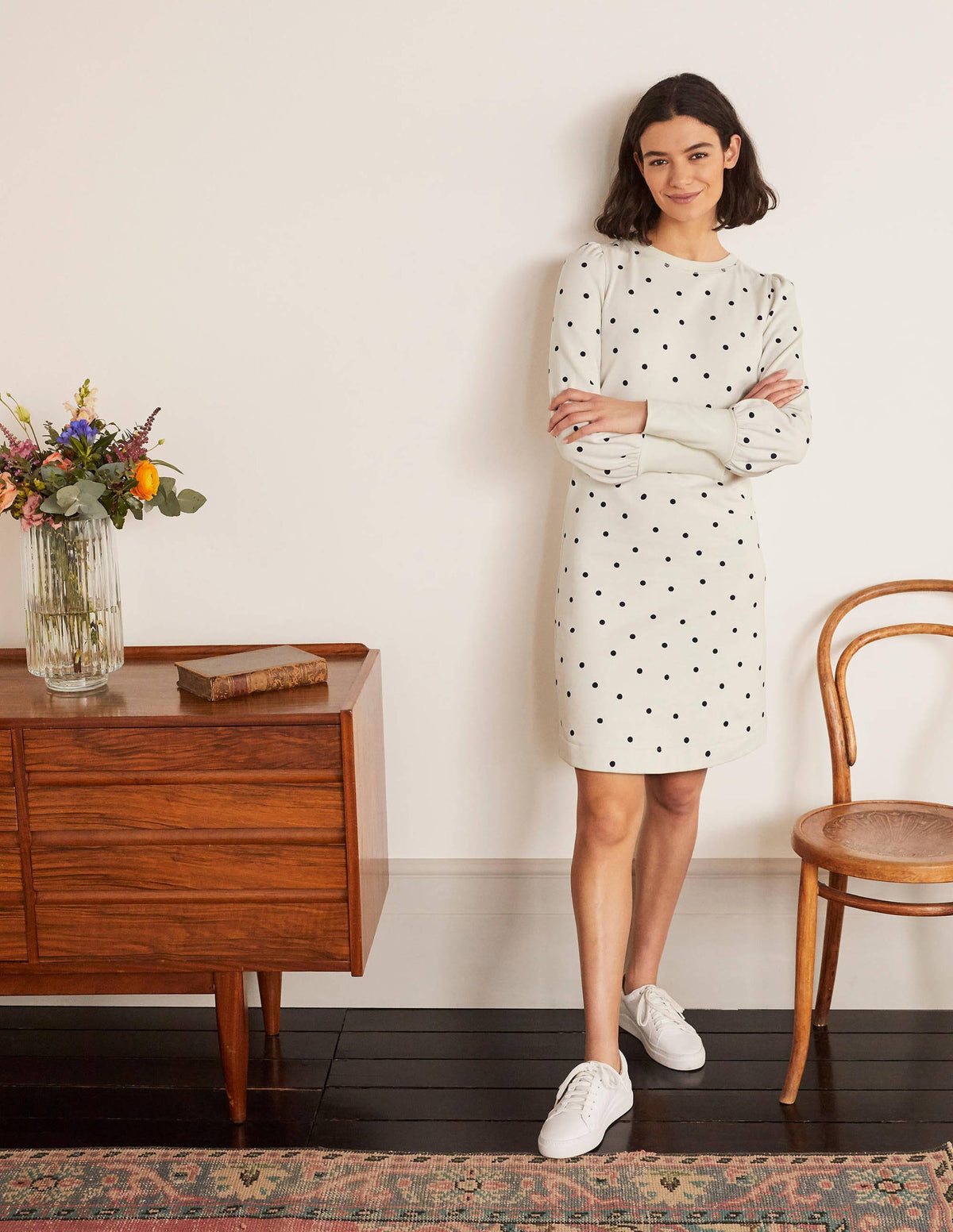 Romona Sweatshirt Dress-Ivory and Navy, Polka-2