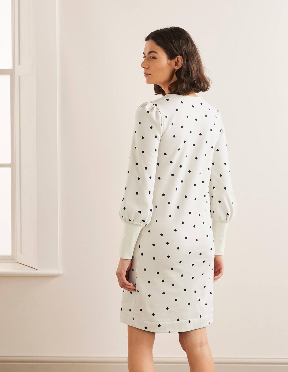 Romona Sweatshirt Dress-Ivory and Navy, Polka-3