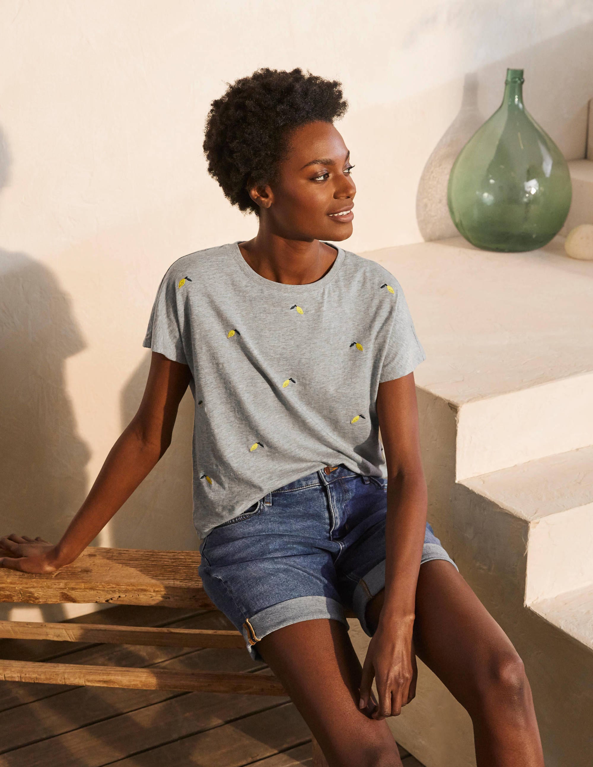 Lena Embroidered Jersey Tee-Grey Marl, Embroidered Lemons - Image 1