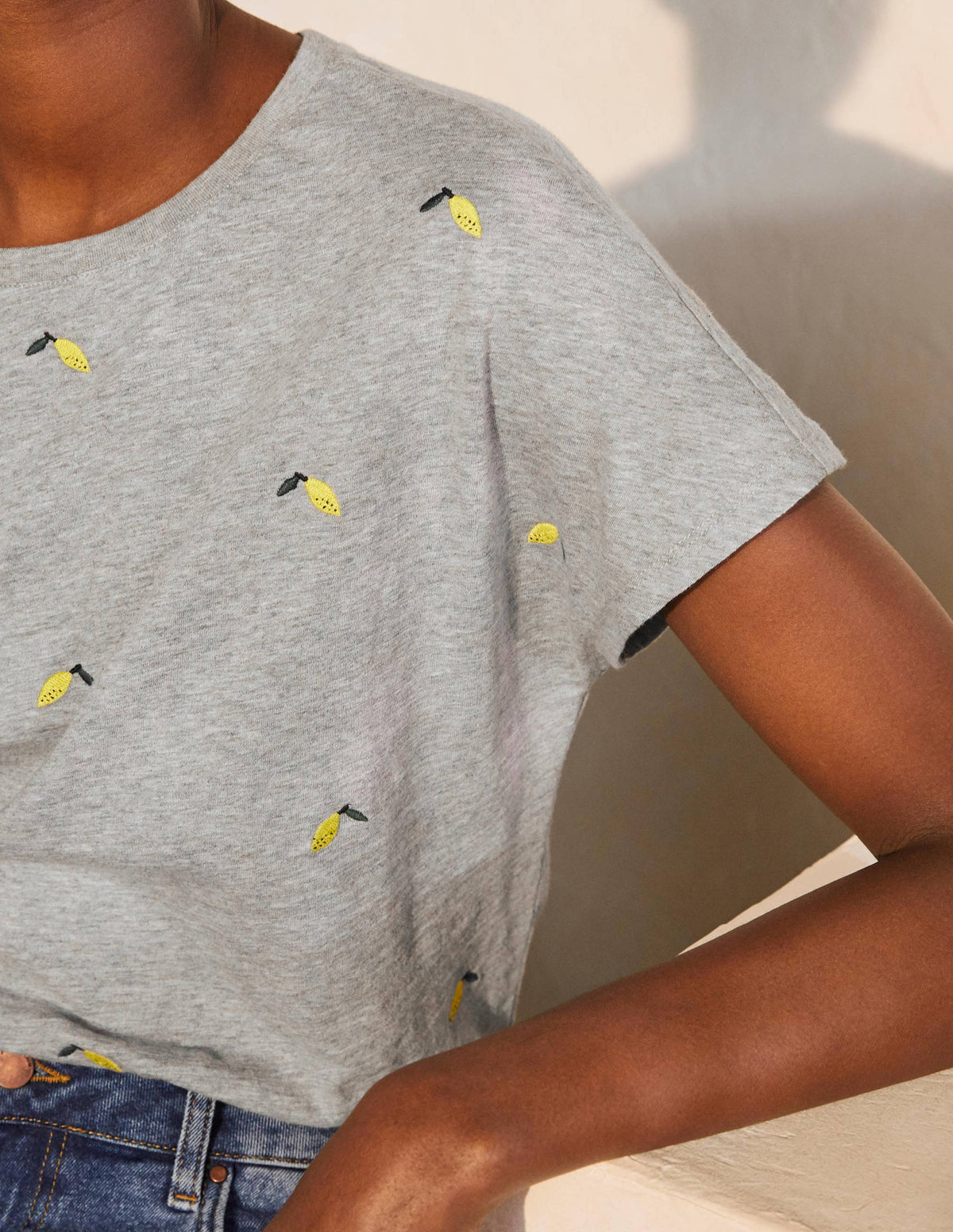 Lena Embroidered Jersey Tee-Grey Marl, Embroidered Lemons - Image 4