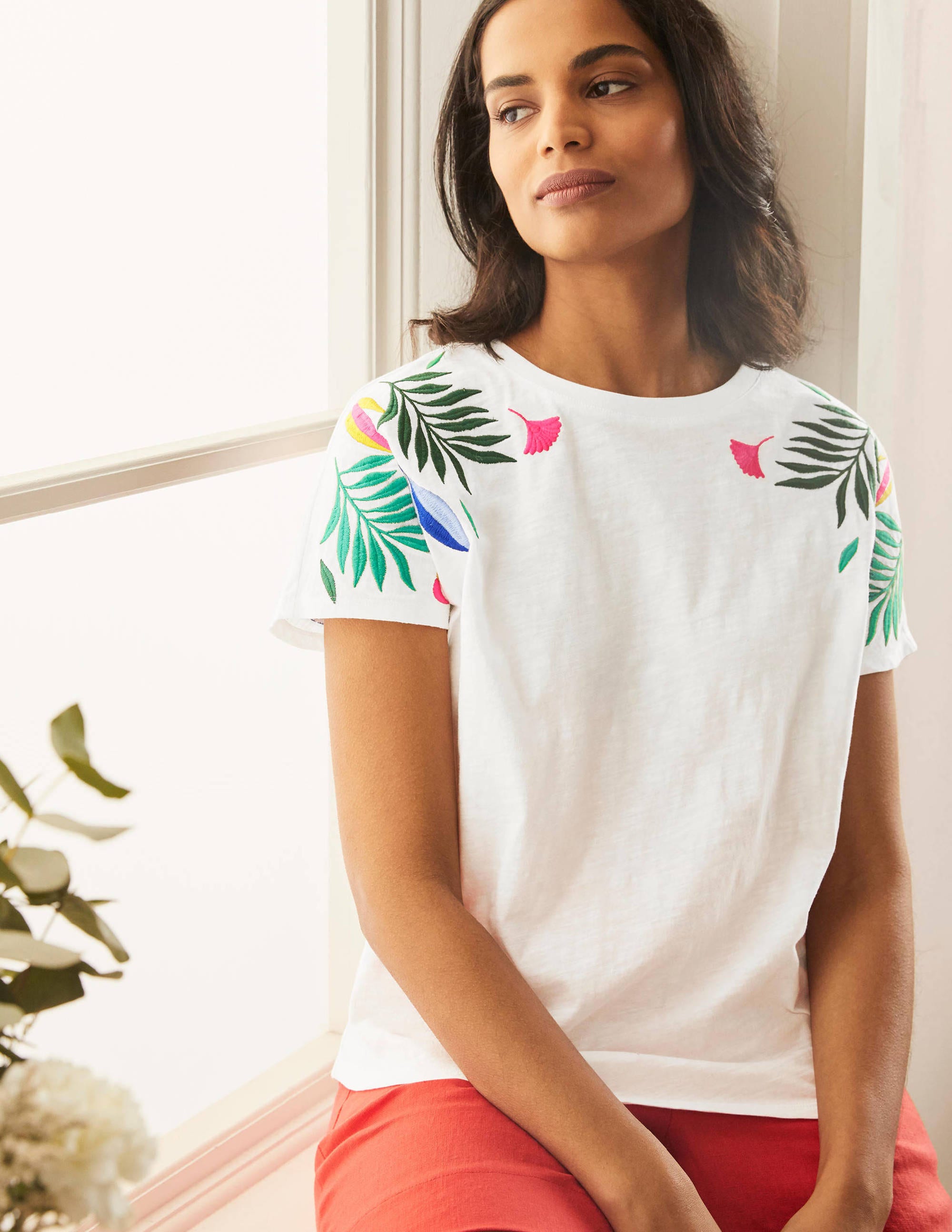Lena Embroidered Jersey Tee-White, Multi Embroidery - Image 1