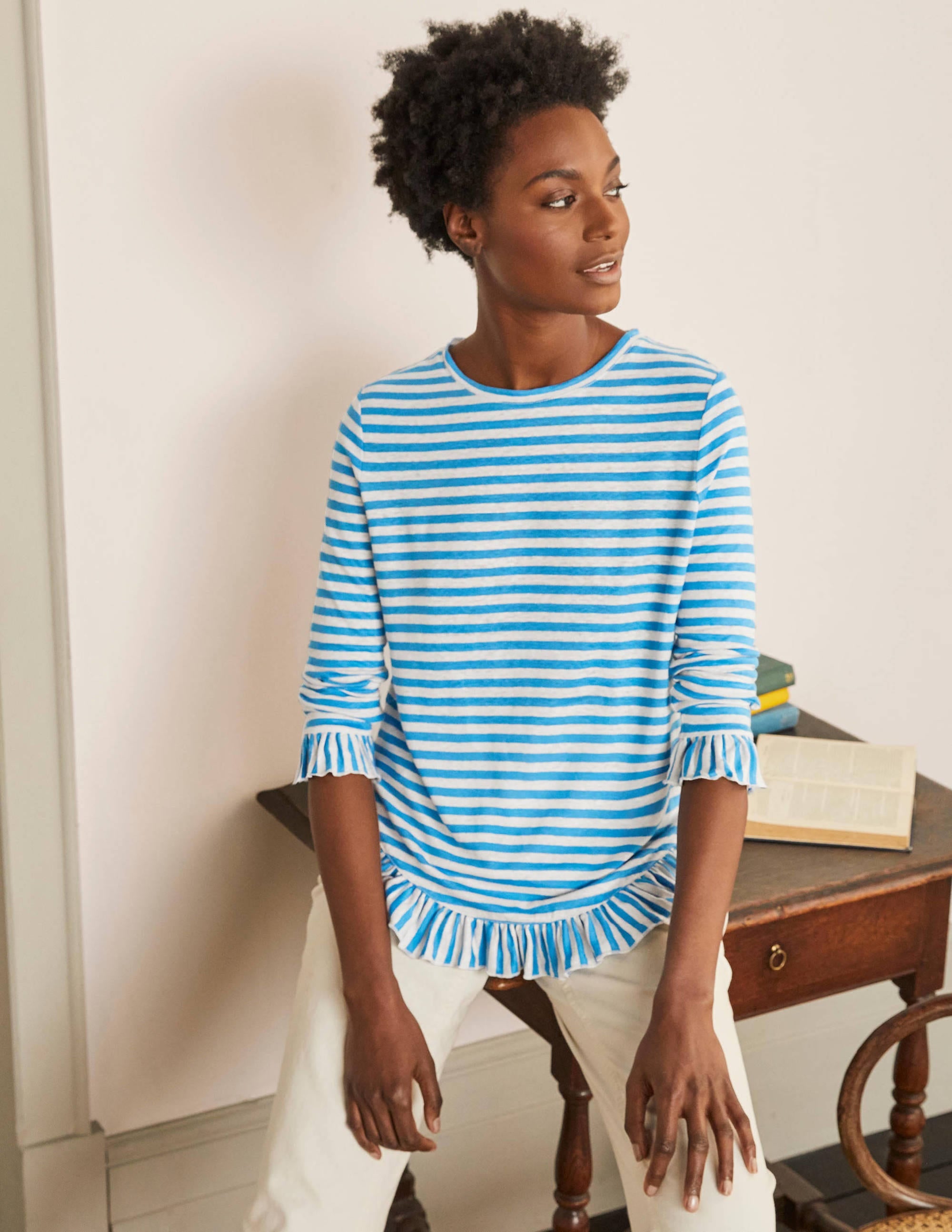 Dorothy Linen Jersey Top-Moroccan Blue/ Ivory - Image 1