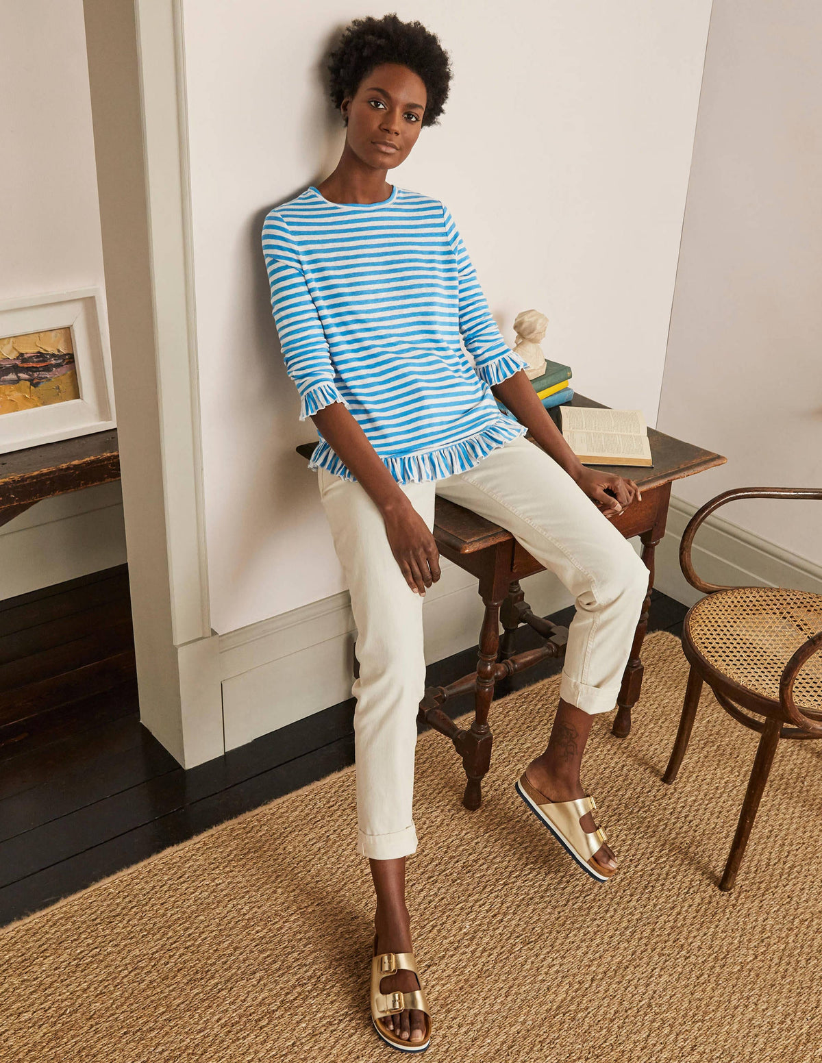 Dorothy Linen Jersey Top-Moroccan Blue/ Ivory-2