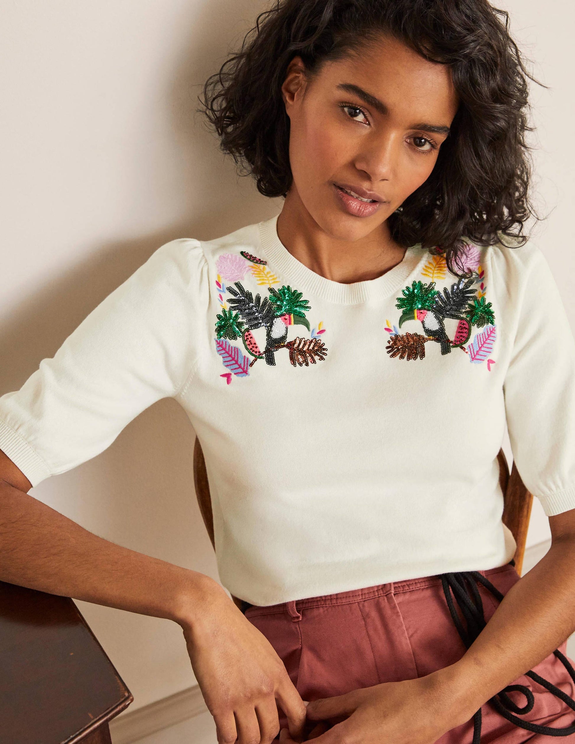 Belsay Embroidered Knitted Tee-Ivory-1
