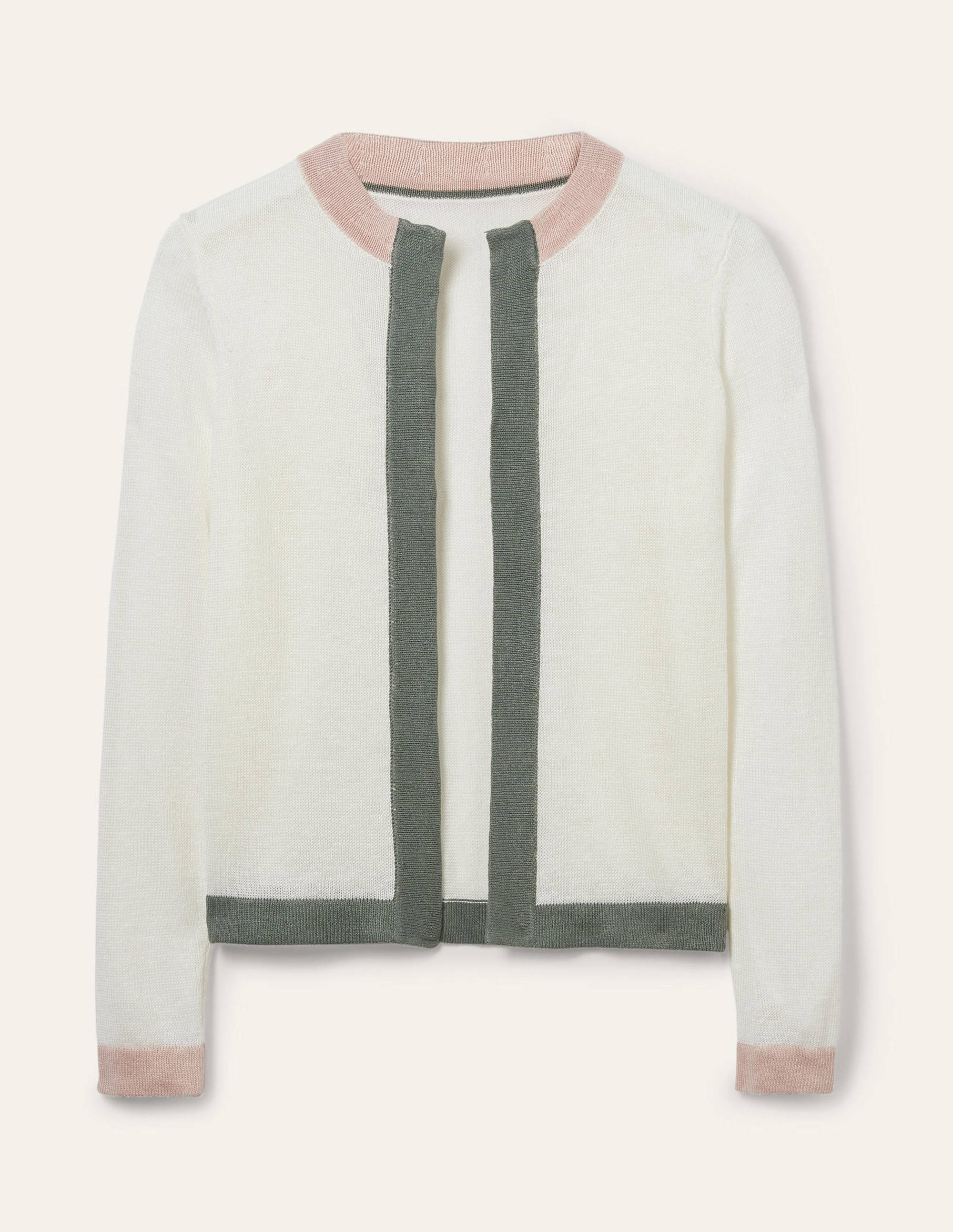 Stripe Trim Linen Cardigan-Ivory Colourblock - Image 7