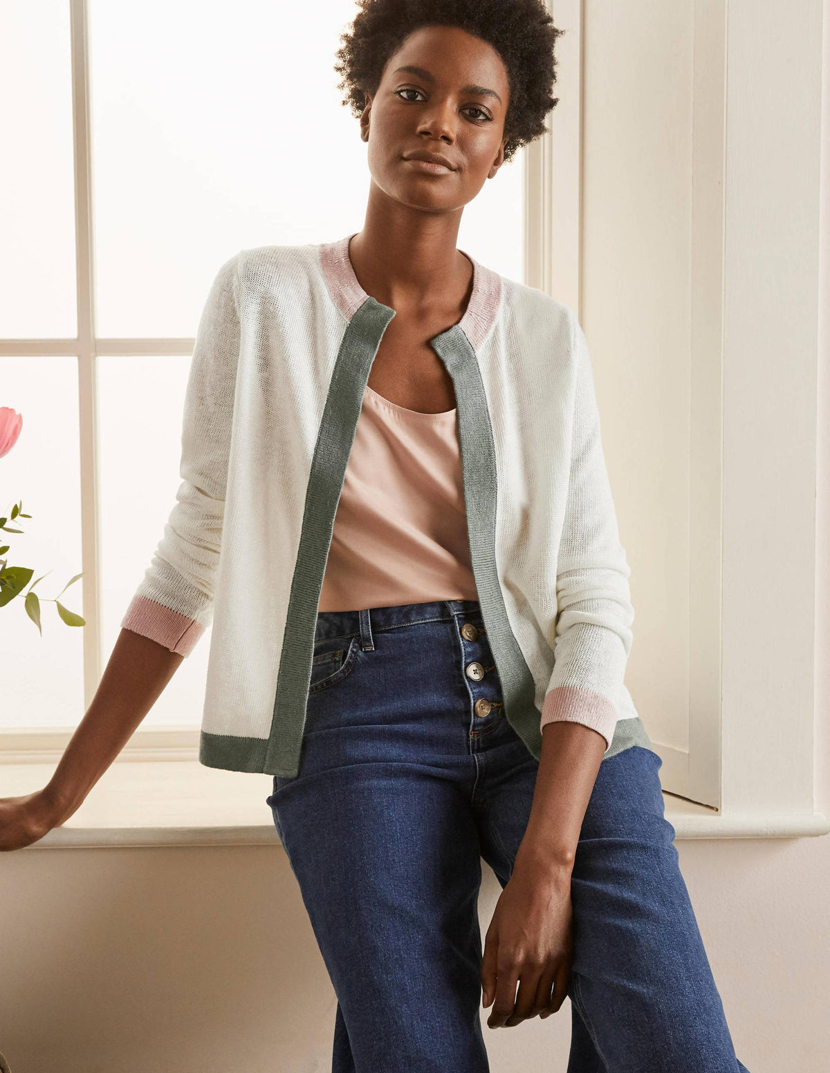Stripe Trim Linen Cardigan-Ivory Colourblock-1
