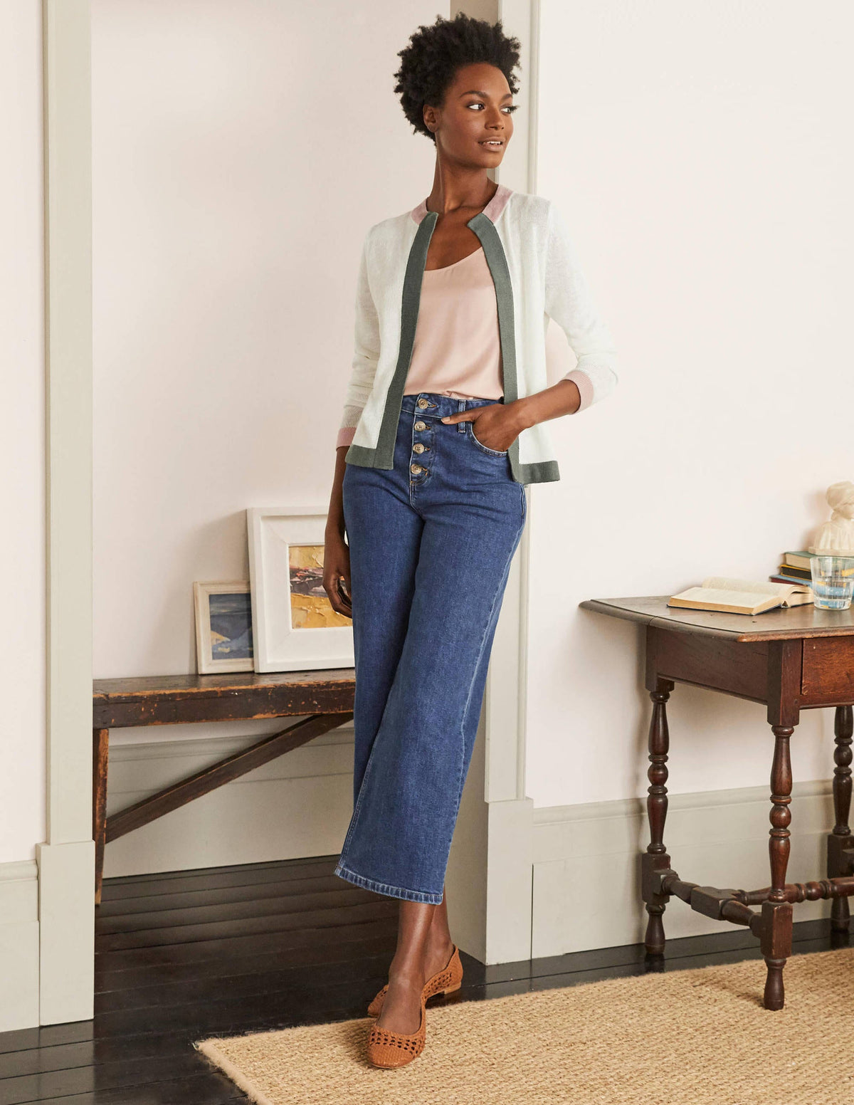 Stripe Trim Linen Cardigan-Ivory Colourblock-2