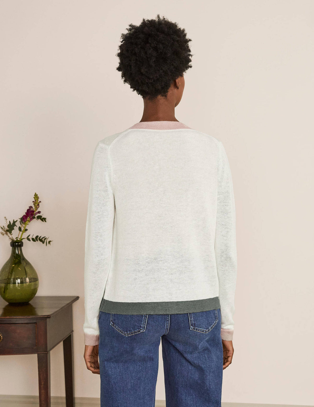 Stripe Trim Linen Cardigan-Ivory Colourblock-3