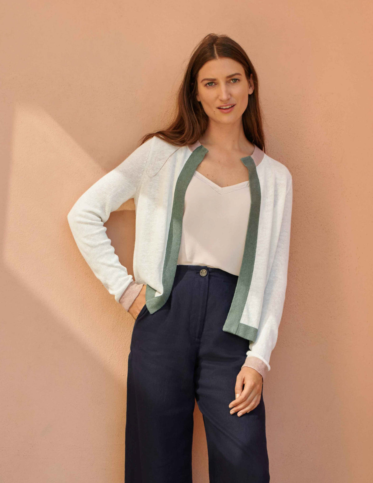 Stripe Trim Linen Cardigan-Ivory Colourblock-5