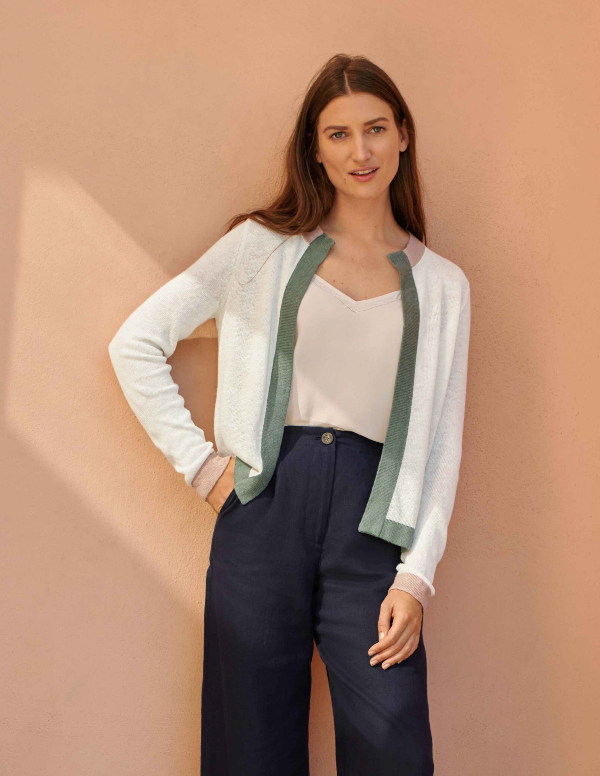 Stripe Trim Linen Cardigan-Ivory Colourblock - Image 5