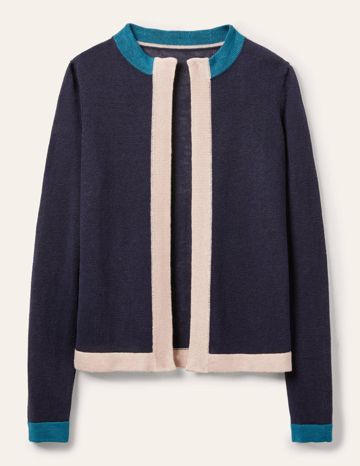 Stripe Trim Linen Cardigan-Navy Colourblock-6