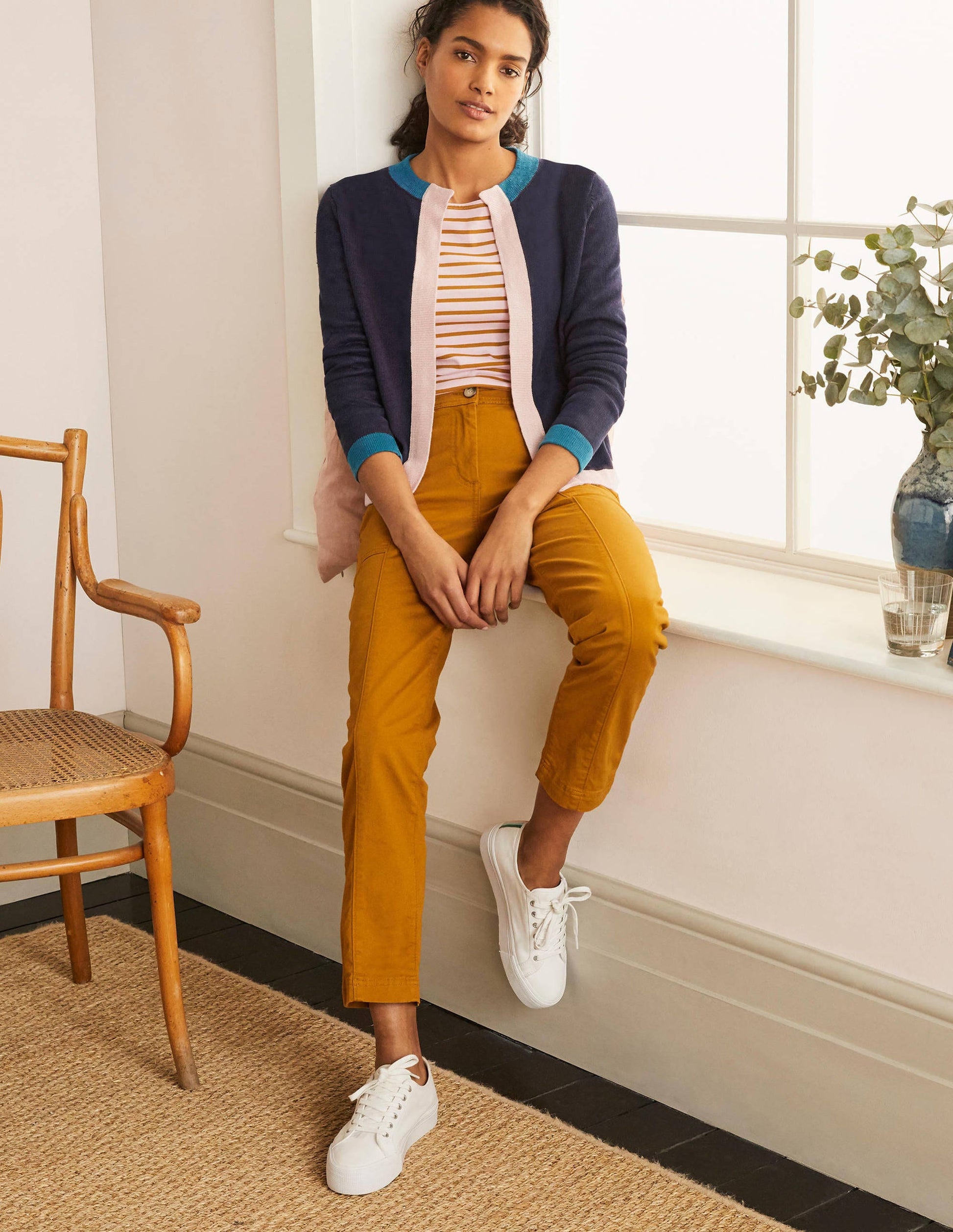 Stripe Trim Linen Cardigan-Navy Colourblock-1