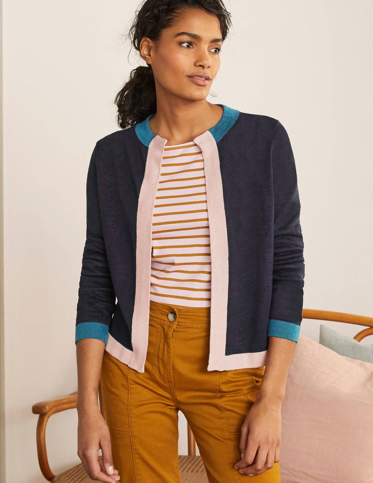 Stripe Trim Linen Cardigan-Navy Colourblock-2