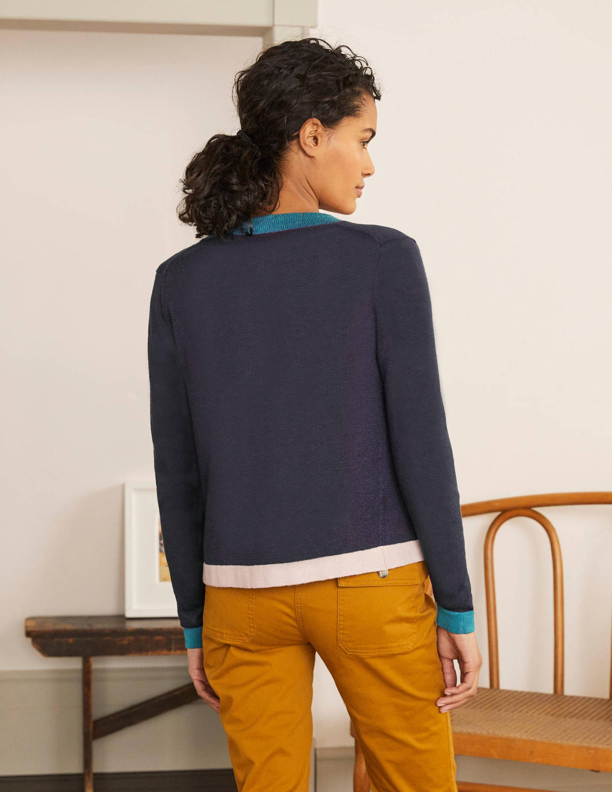 Stripe Trim Linen Cardigan-Navy Colourblock - Image 3