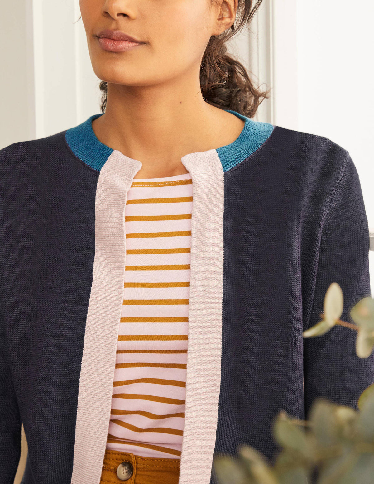 Stripe Trim Linen Cardigan-Navy Colourblock - Image 4