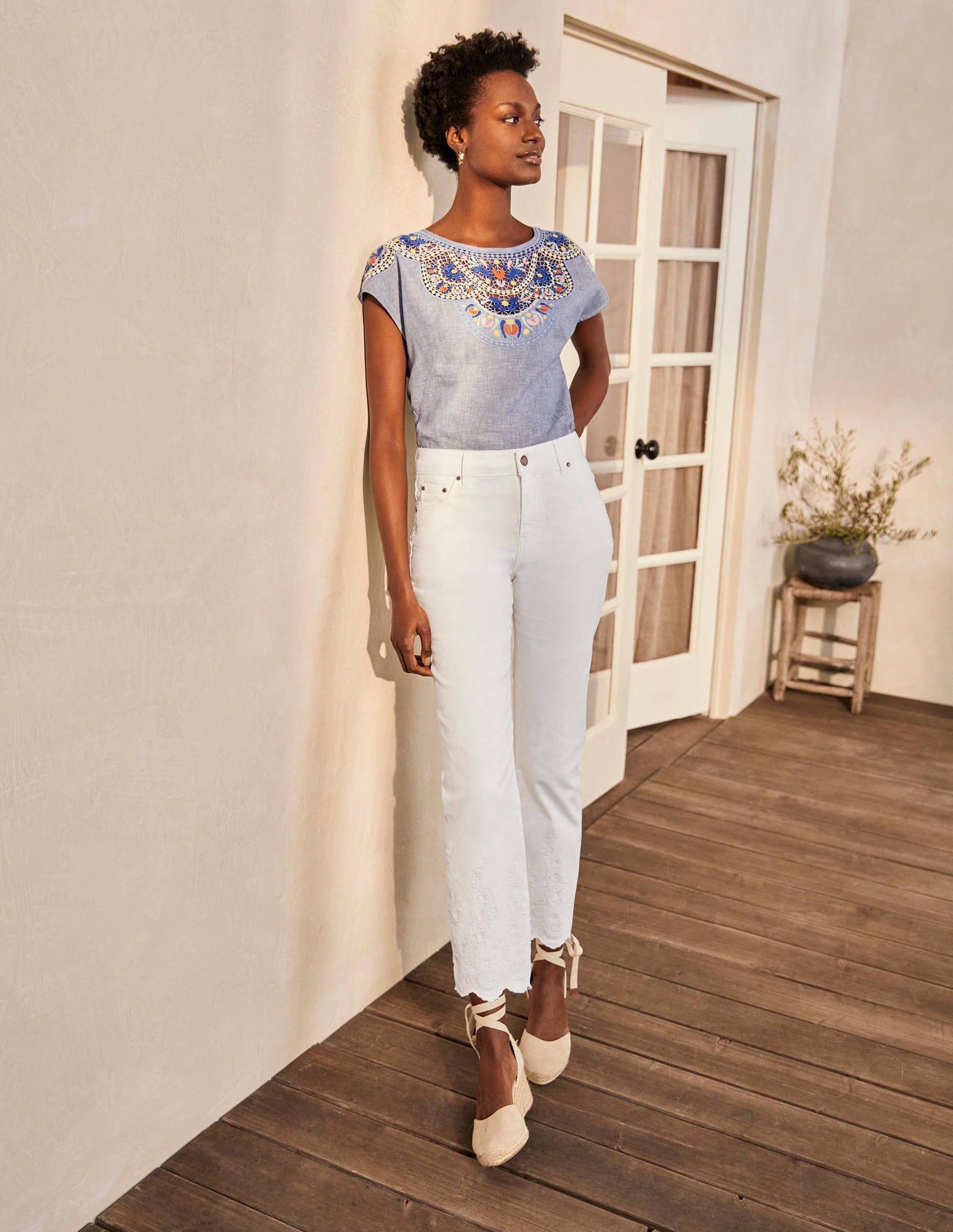Slim Straight Ankle Skimmers-White Embroidered-2