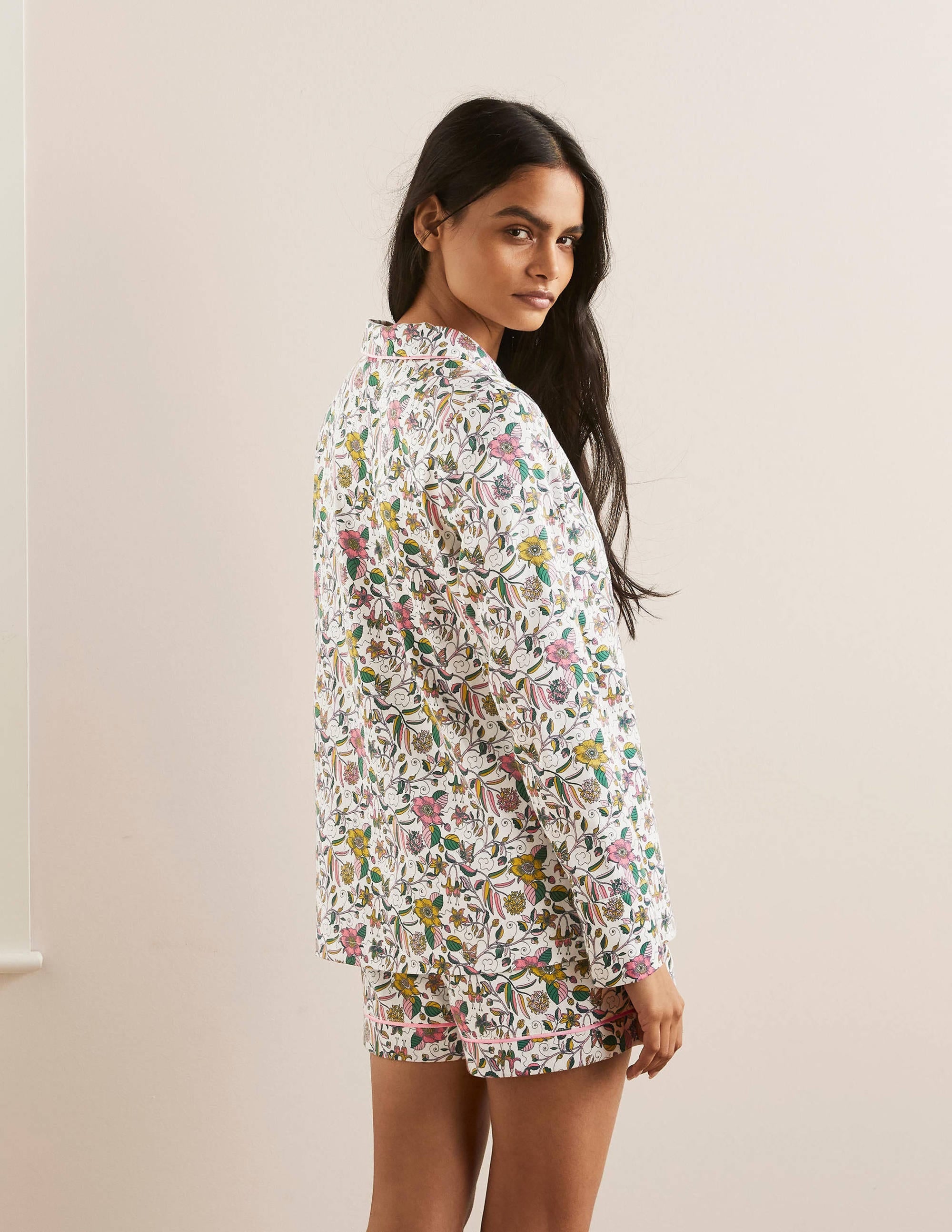 Long Sleeve Pyjama Shirt-Ivory, Beautiful Garden - Image 2