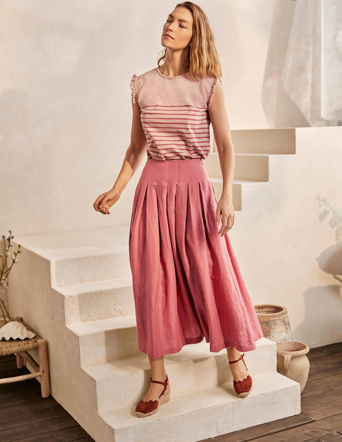 Lydia Linen Pleated Skirt-Dusty Red - Image 4