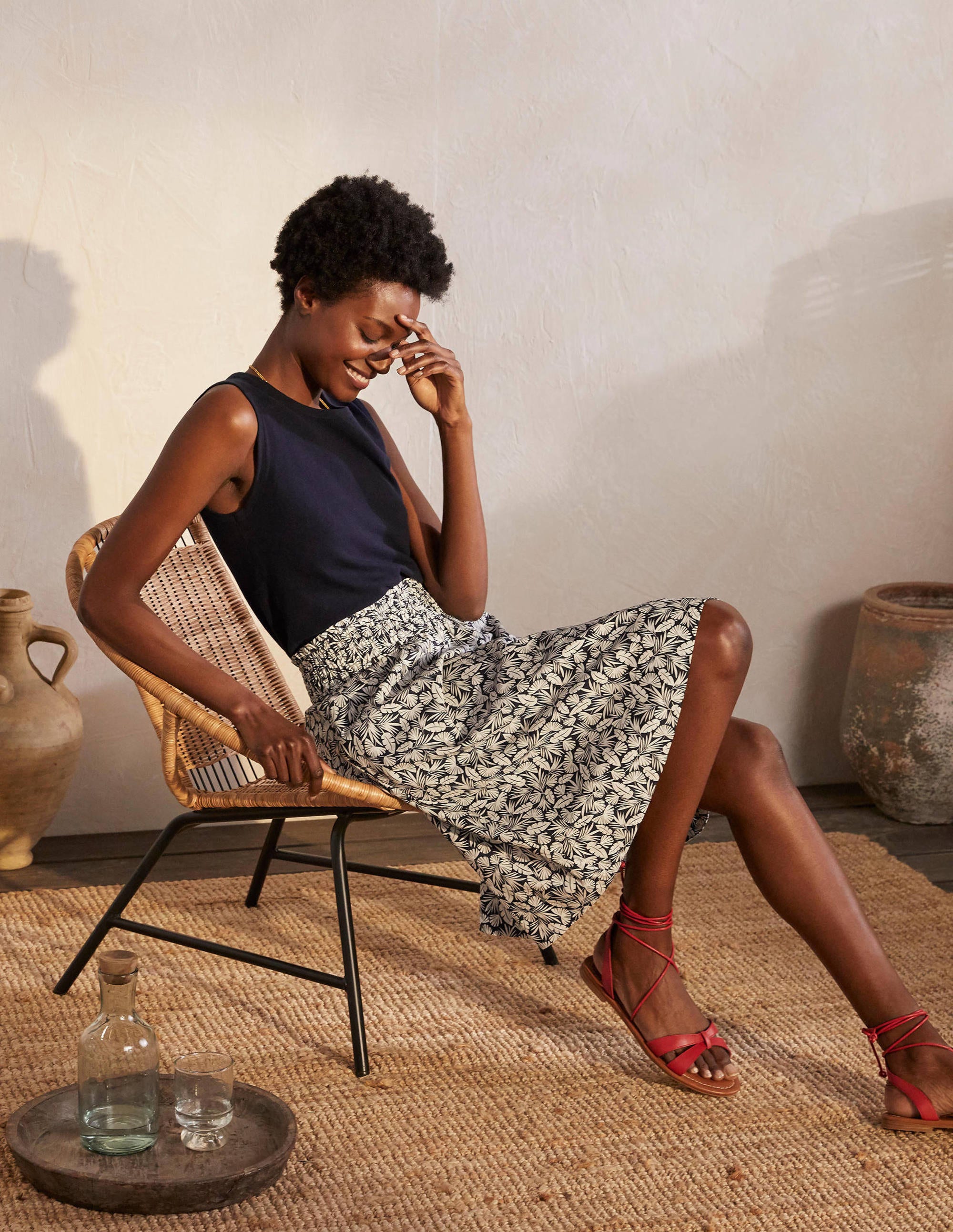 Shirred Waist Cotton Skirt-French Navy, Palm - Image 4