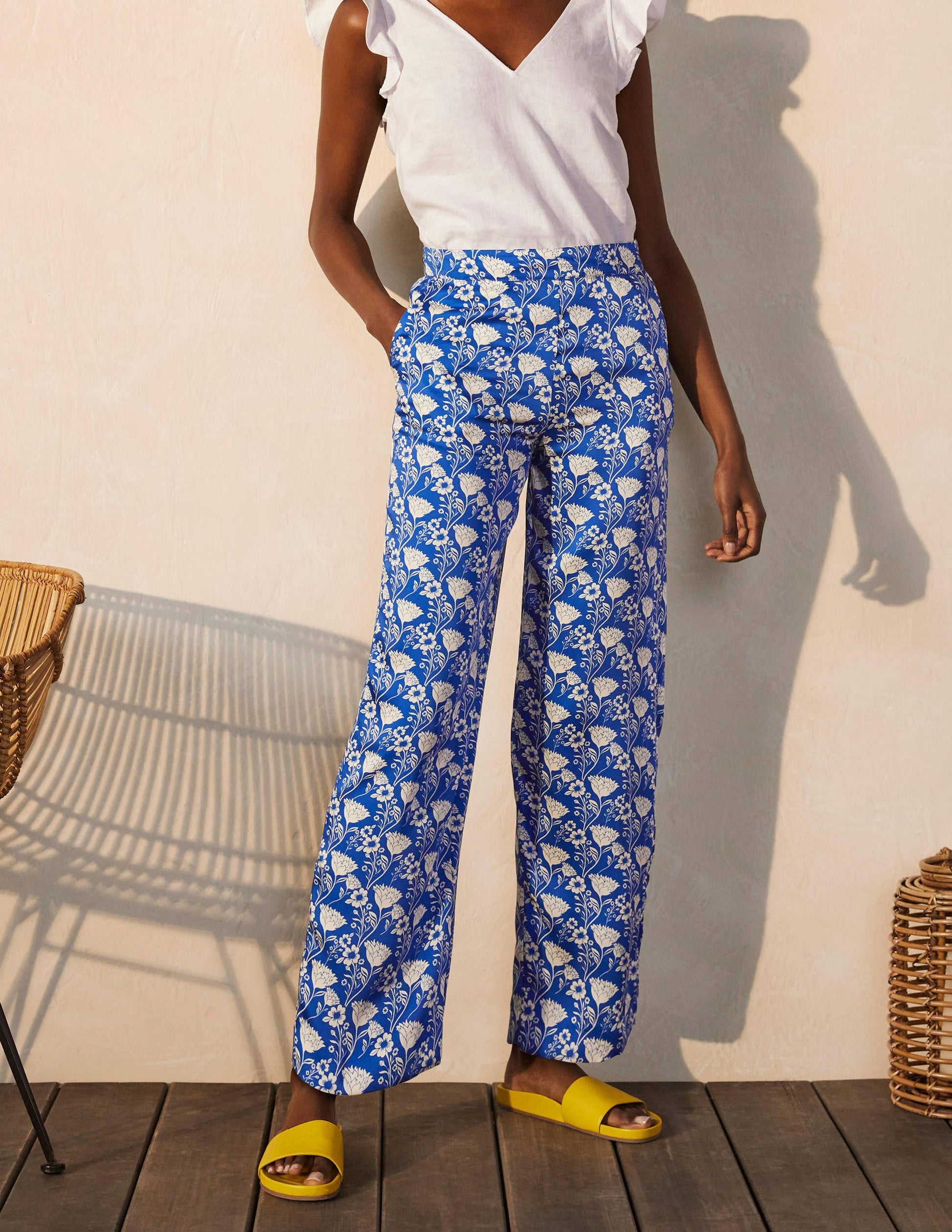Printed Twill Trousers-Blue Wave, Lotus Vine-2