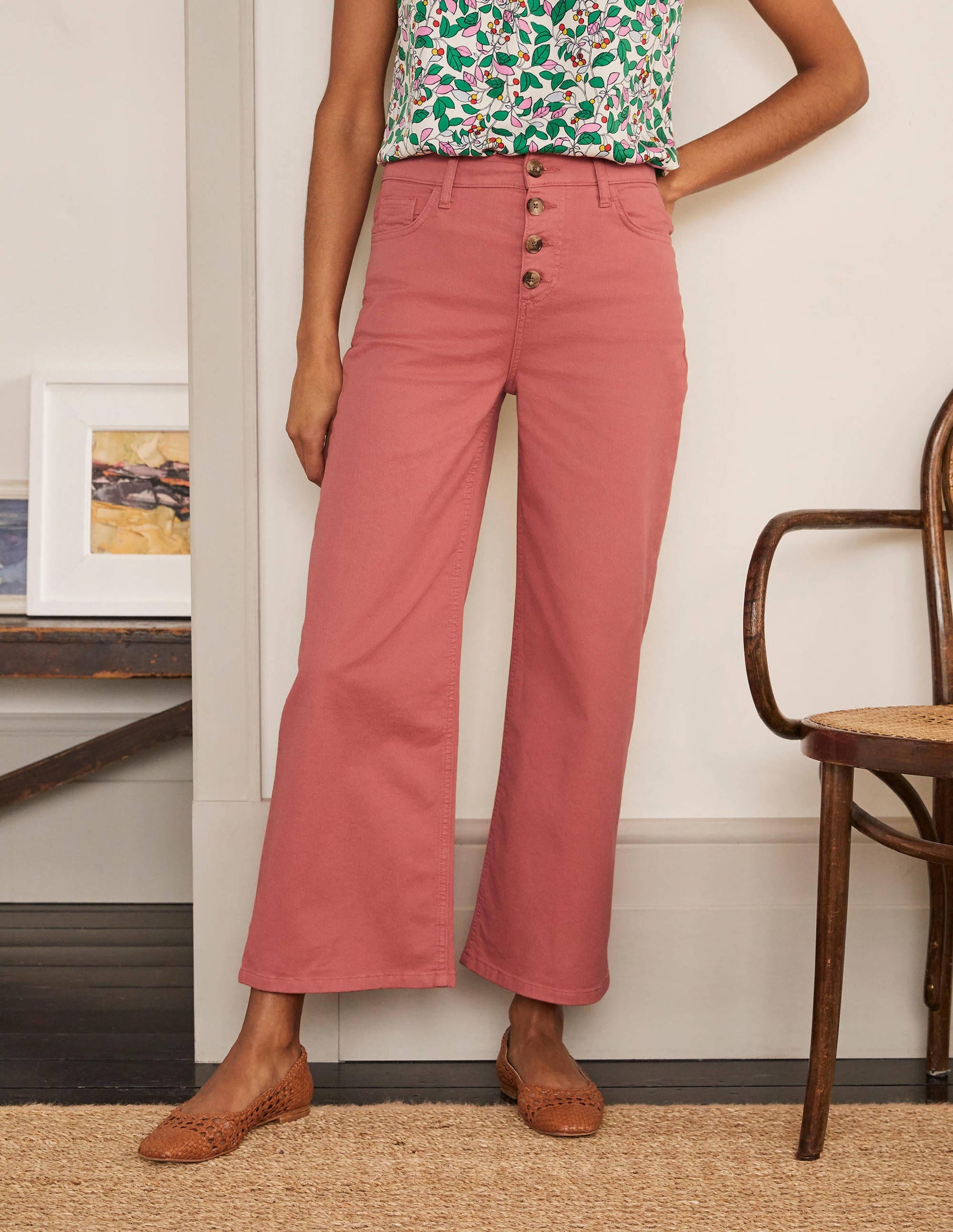 Horn Button Wide Leg Jeans-Dusty Red-1