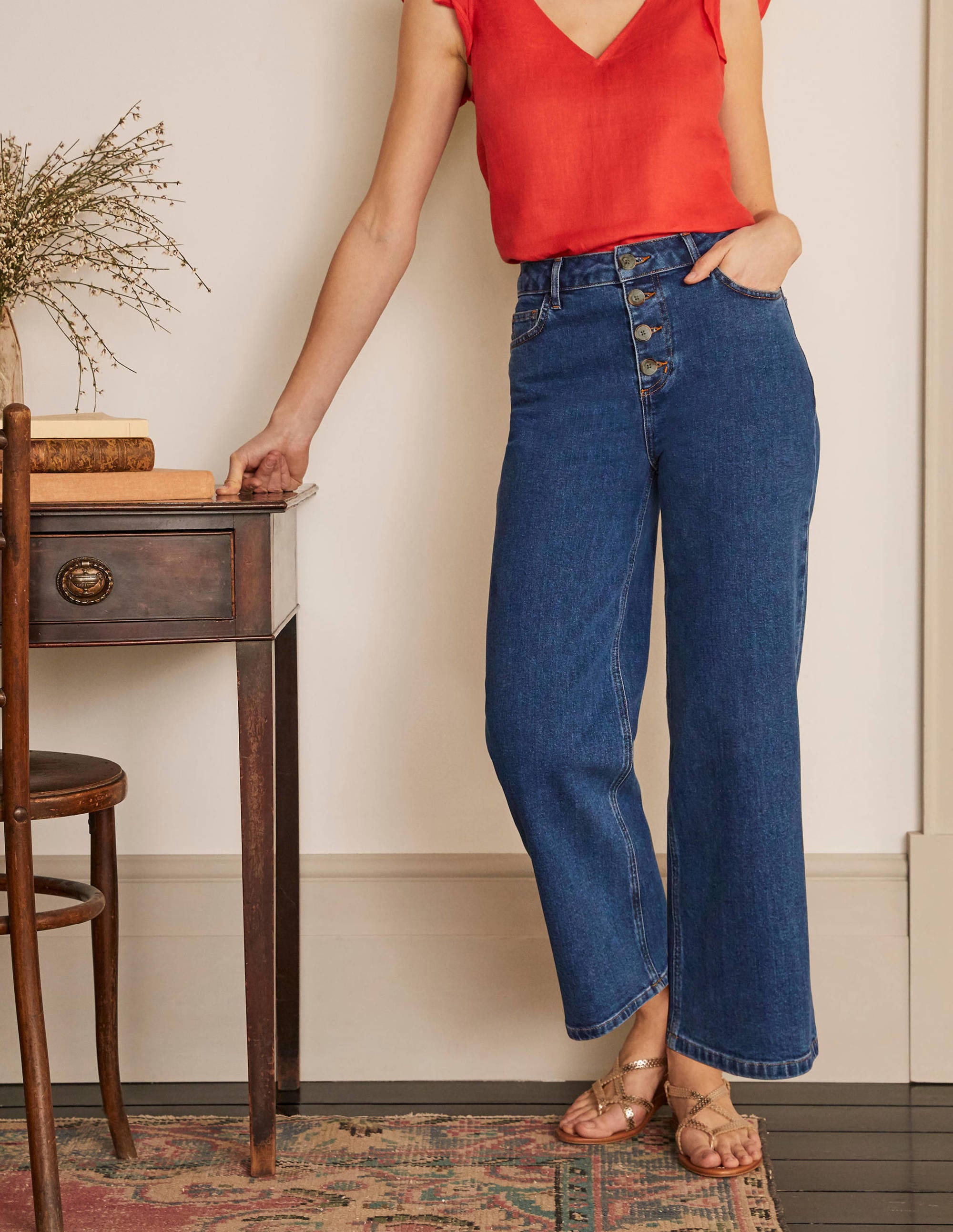 Horn Button Wide Leg Jeans-Mid Vintage Denim - Image 1