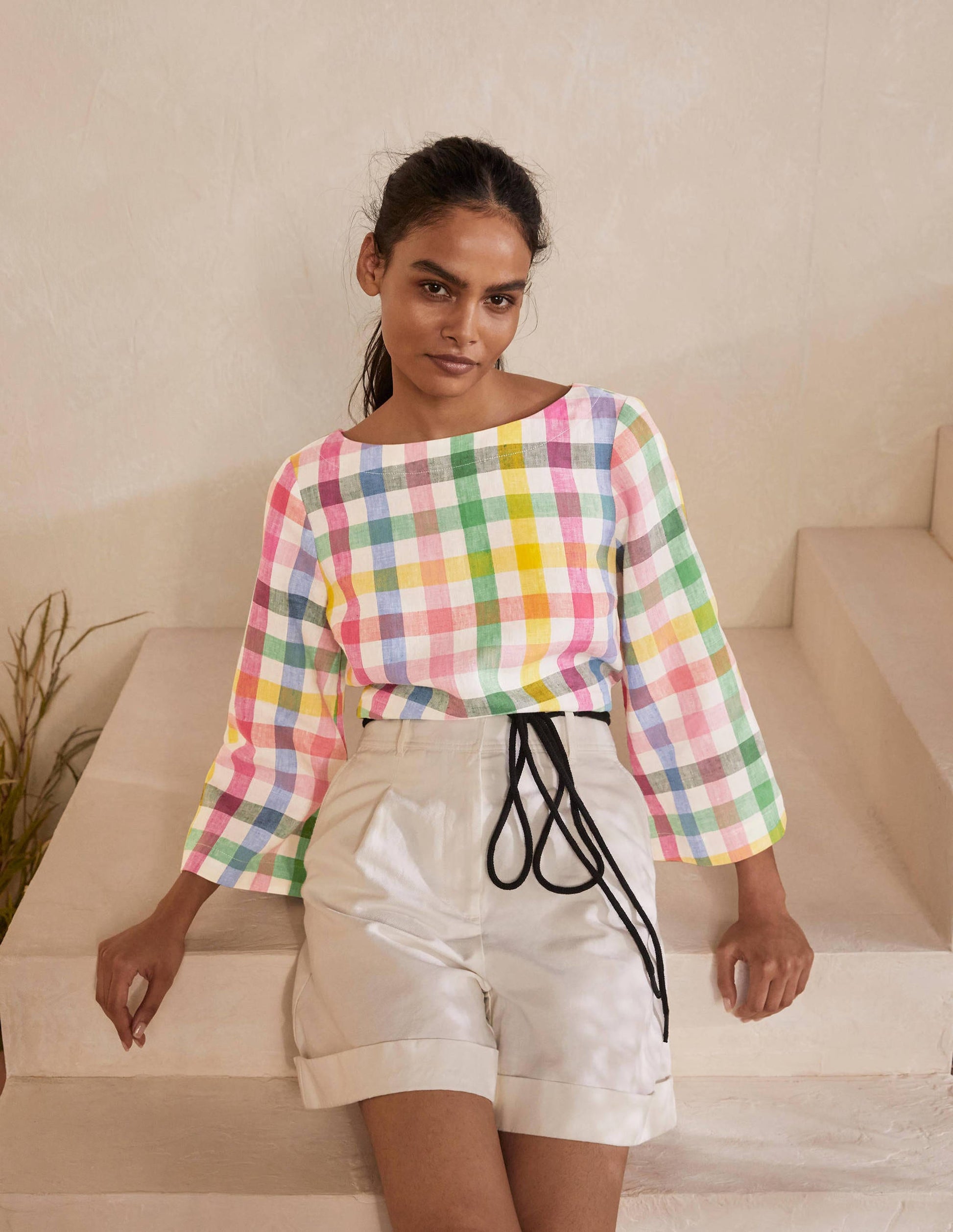 Laurie Linen Top-Party Pink Multigingham-4
