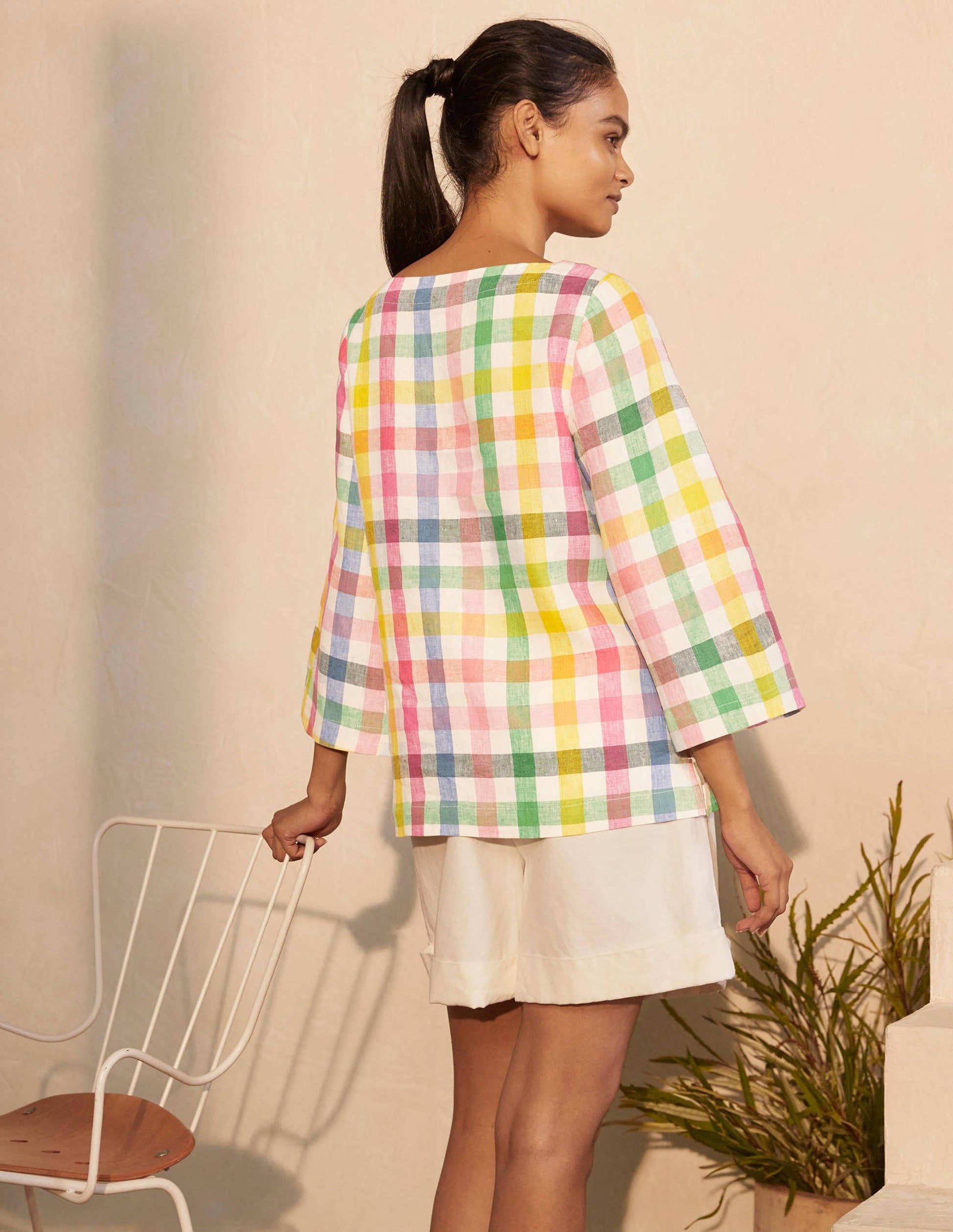 Laurie Linen Top-Party Pink Multigingham-2