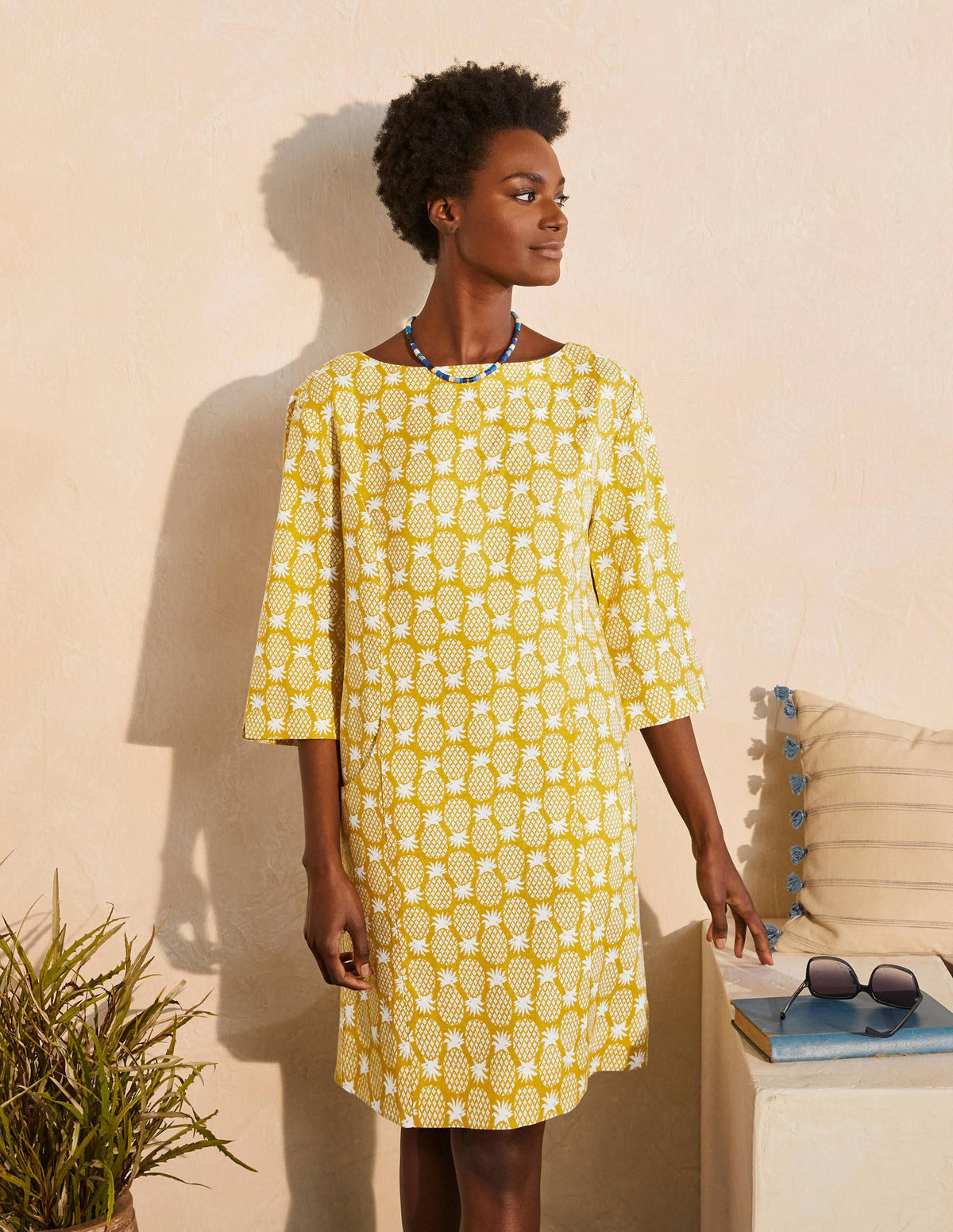 Laurie Linen Dress-Chartreuse, Pineapple Geo - Image 1