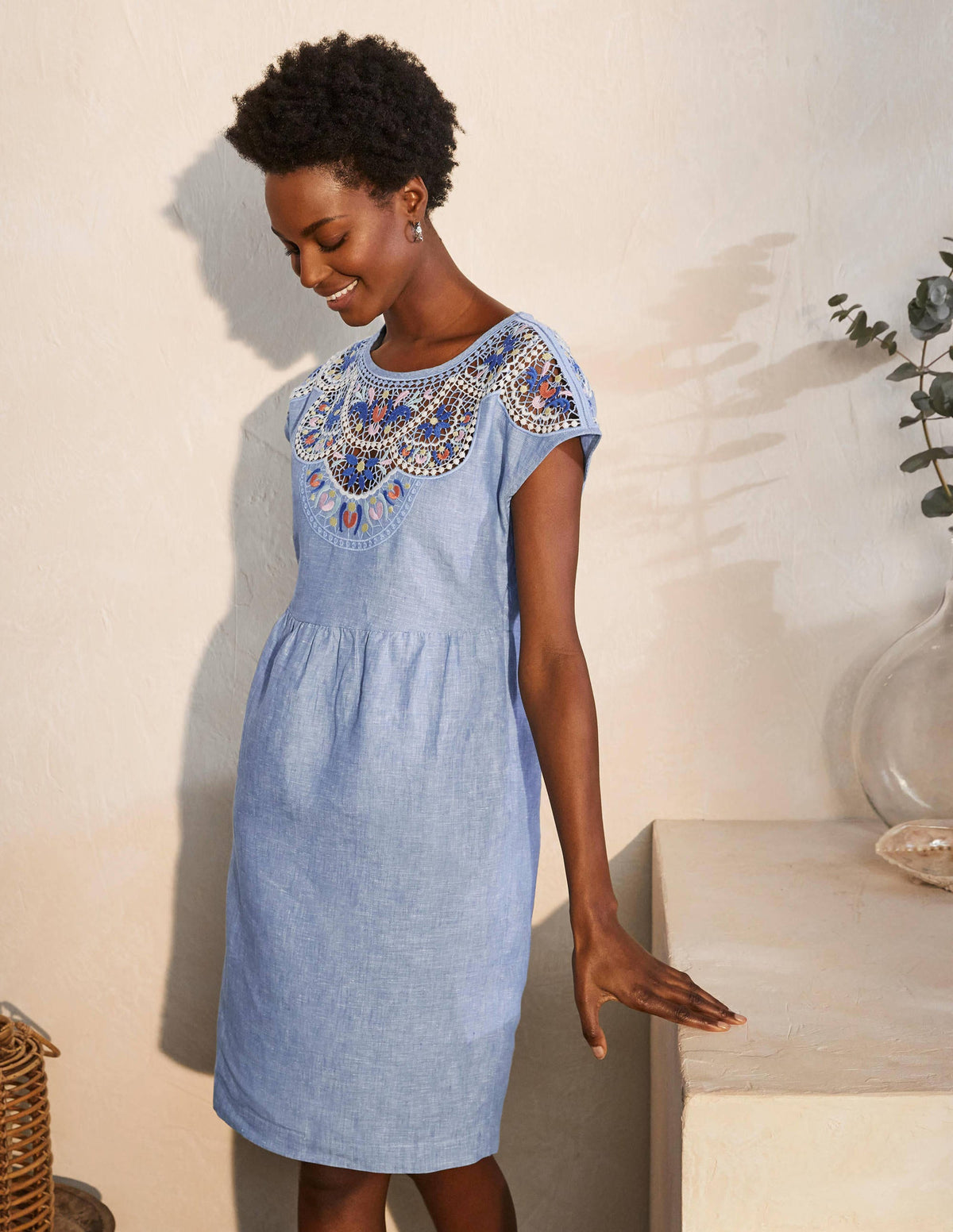 Fleur Embroidered Linen Dress-Grey Blue Chambray - Image 1