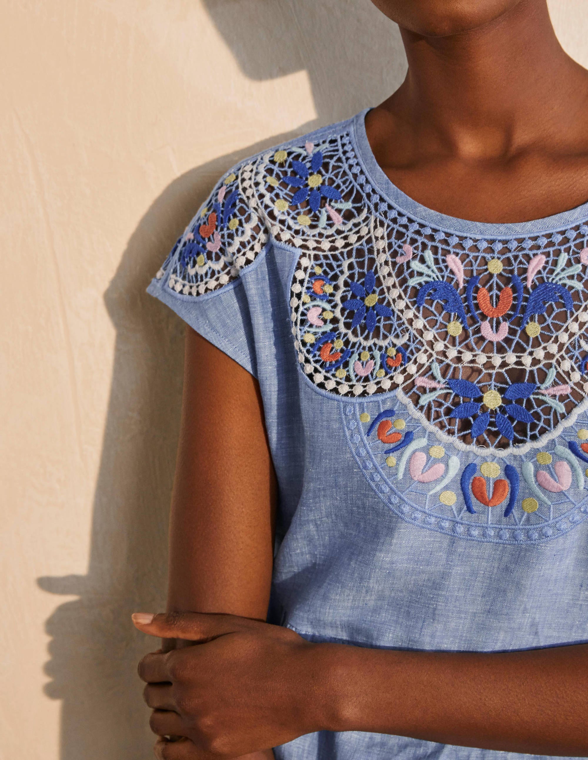 Fleur Embroidered Linen Dress-Grey Blue Chambray - Image 3