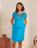 Fleur Embroidered Linen Dress-Blue Lagoon