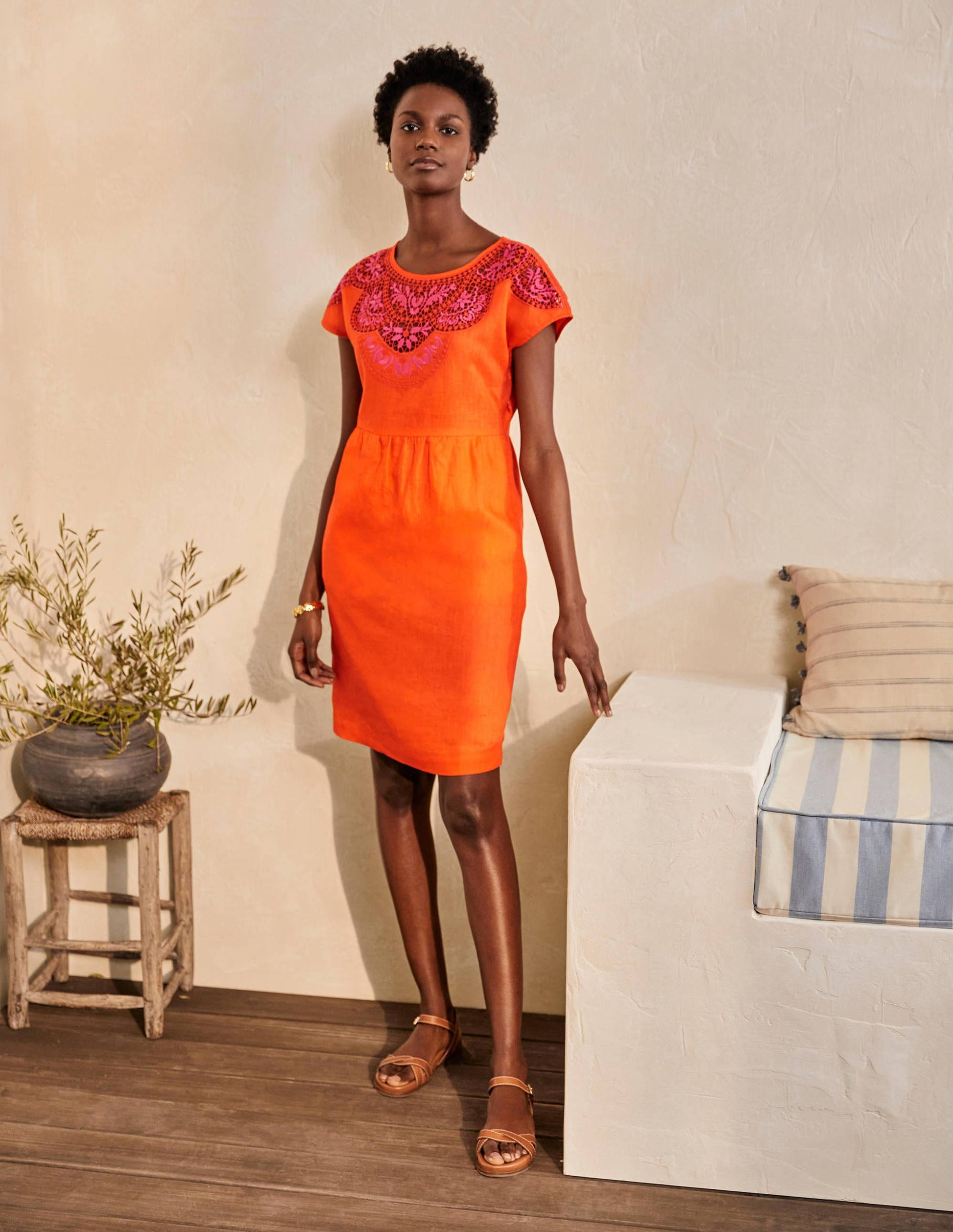 Fleur Embroidered Linen Dress-Satsuma-1