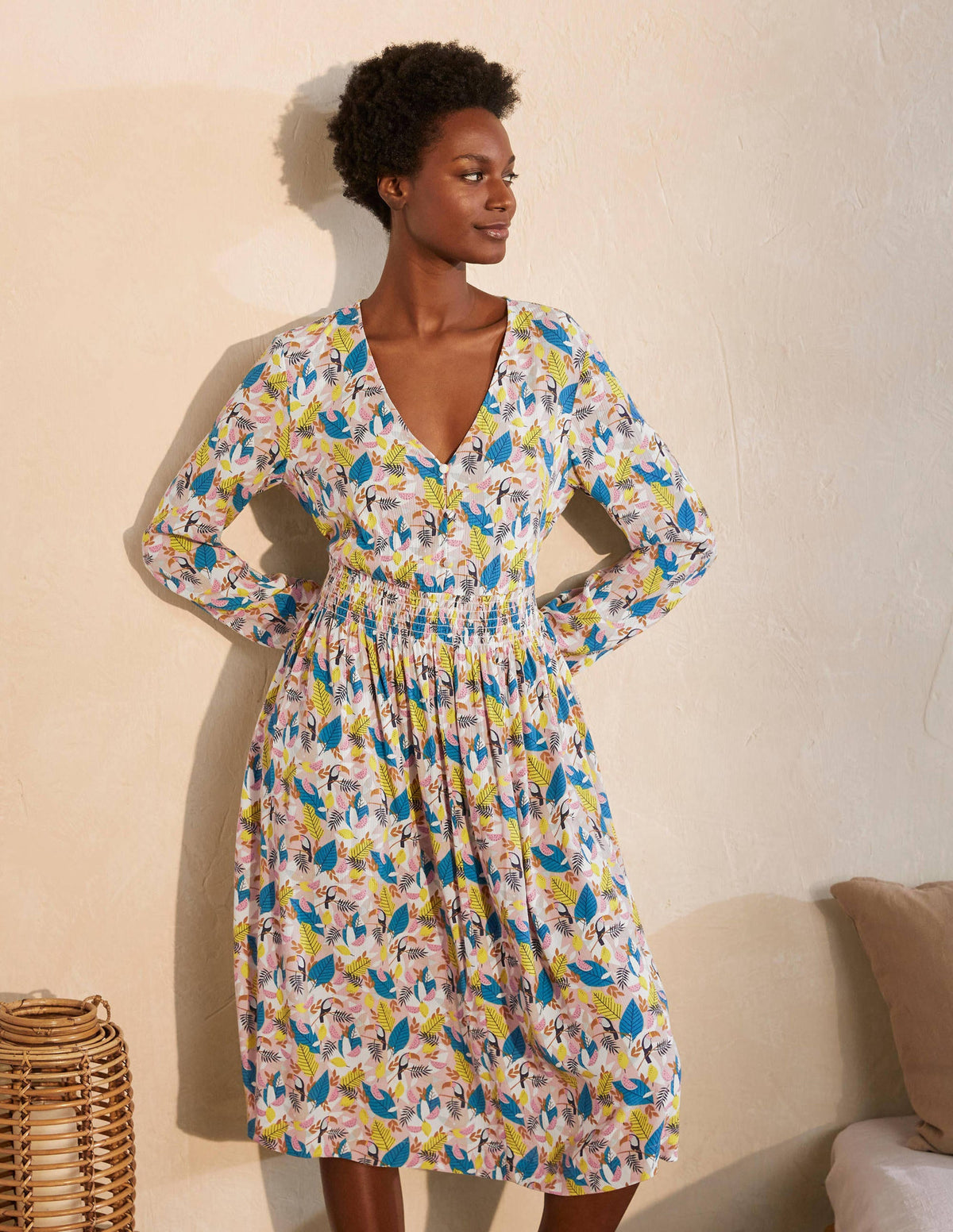 Susannah Smocked Dress-Milkshake, Treetop Toucan - Image 1