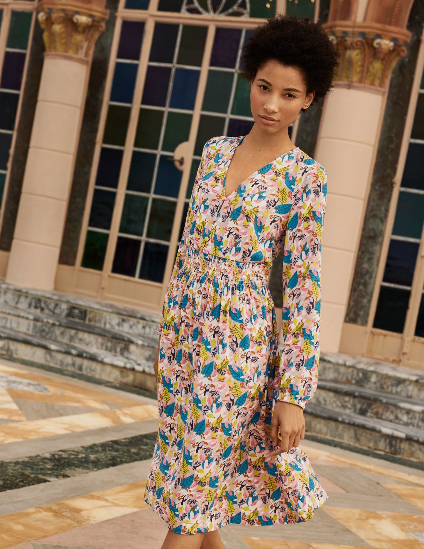 Susannah Smocked Dress-Milkshake, Treetop Toucan