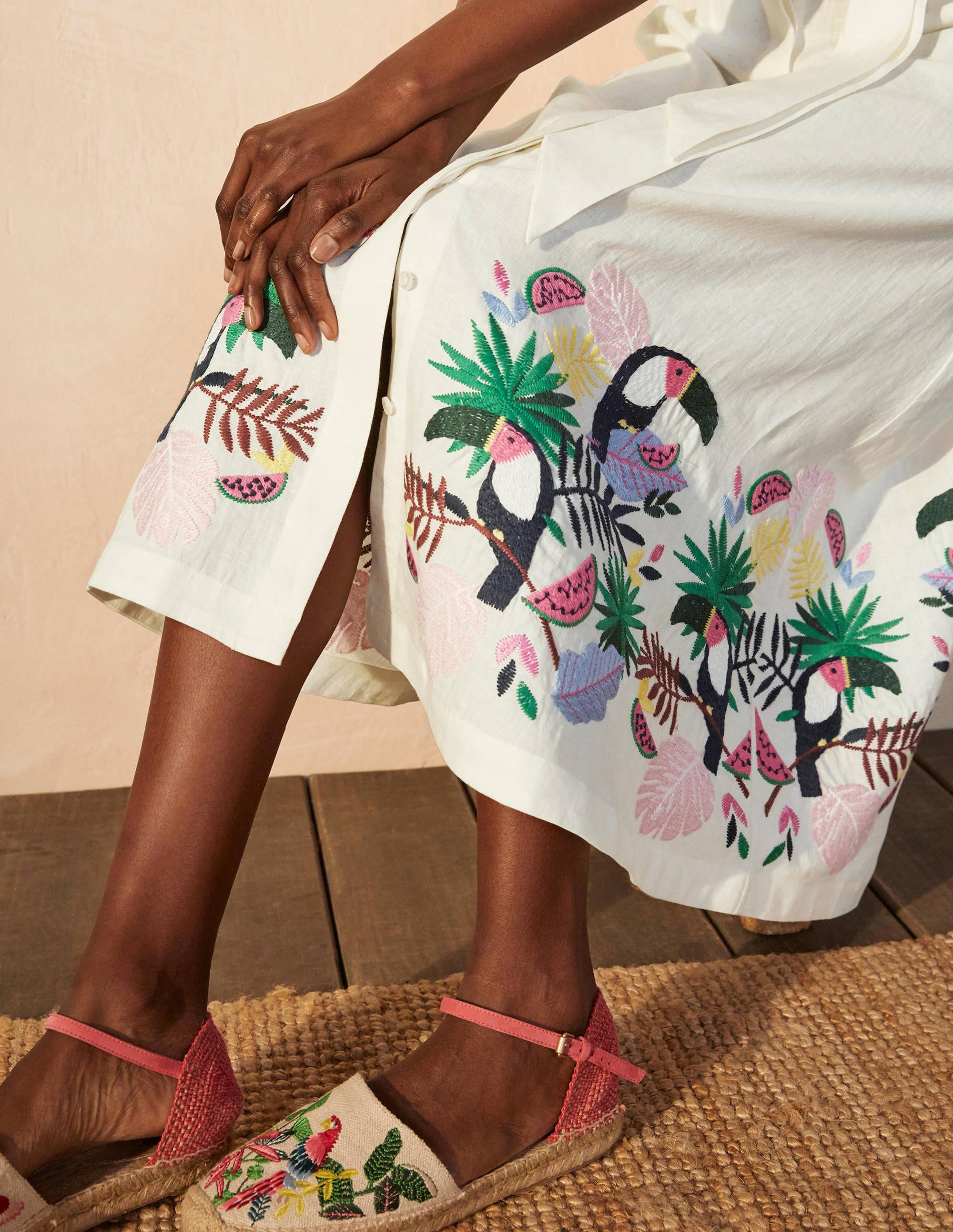 Kate Linen Shirt Dress-Ivory with multi embroidery - Image 3